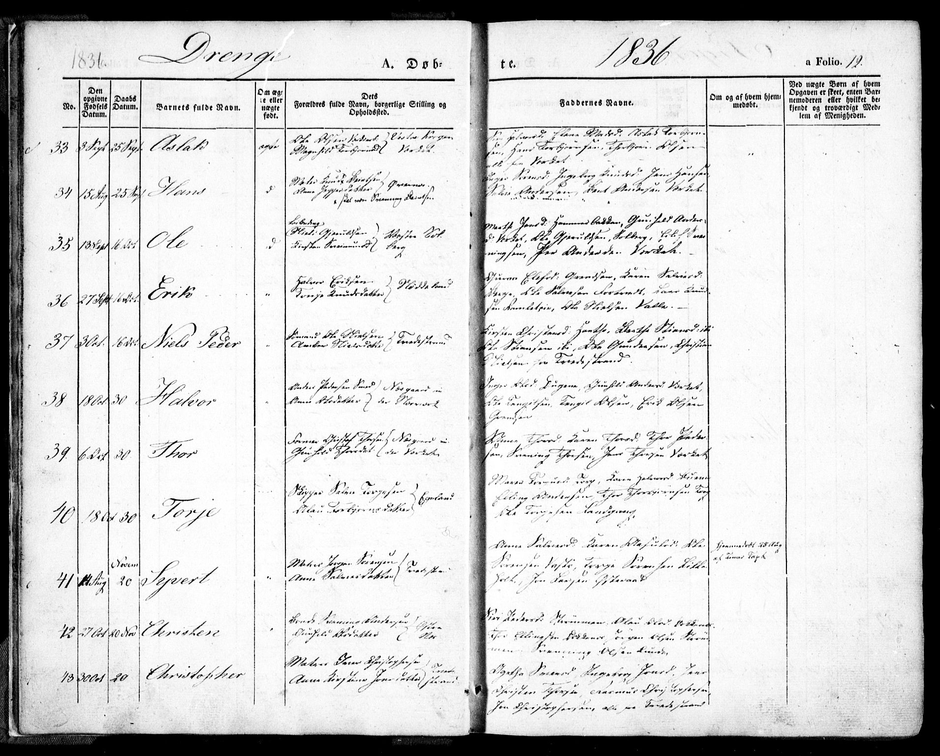 Holt sokneprestkontor, AV/SAK-1111-0021/F/Fa/L0007: Parish register (official) no. A 7, 1836-1848, p. 12