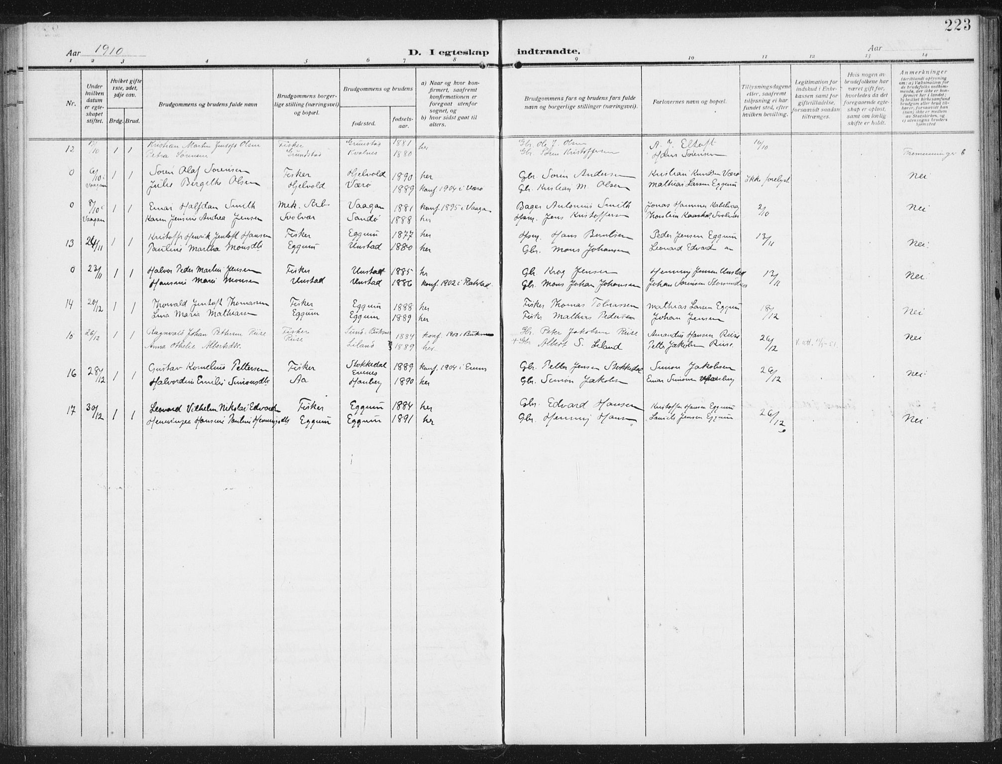 Ministerialprotokoller, klokkerbøker og fødselsregistre - Nordland, AV/SAT-A-1459/880/L1135: Parish register (official) no. 880A09, 1908-1919, p. 223