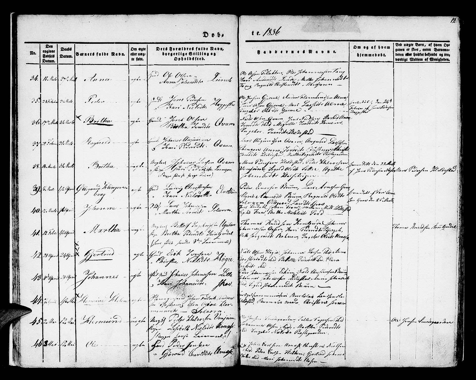 Hafslo sokneprestembete, SAB/A-80301/H/Haa/Haaa/L0005: Parish register (official) no. A 5, 1834-1852, p. 12