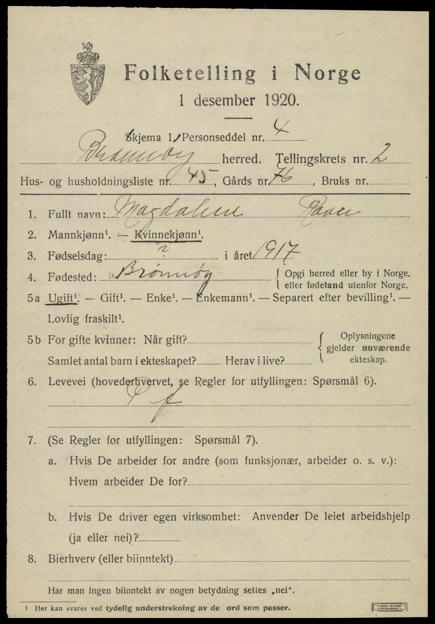 SAT, 1920 census for Brønnøy, 1920, p. 2476