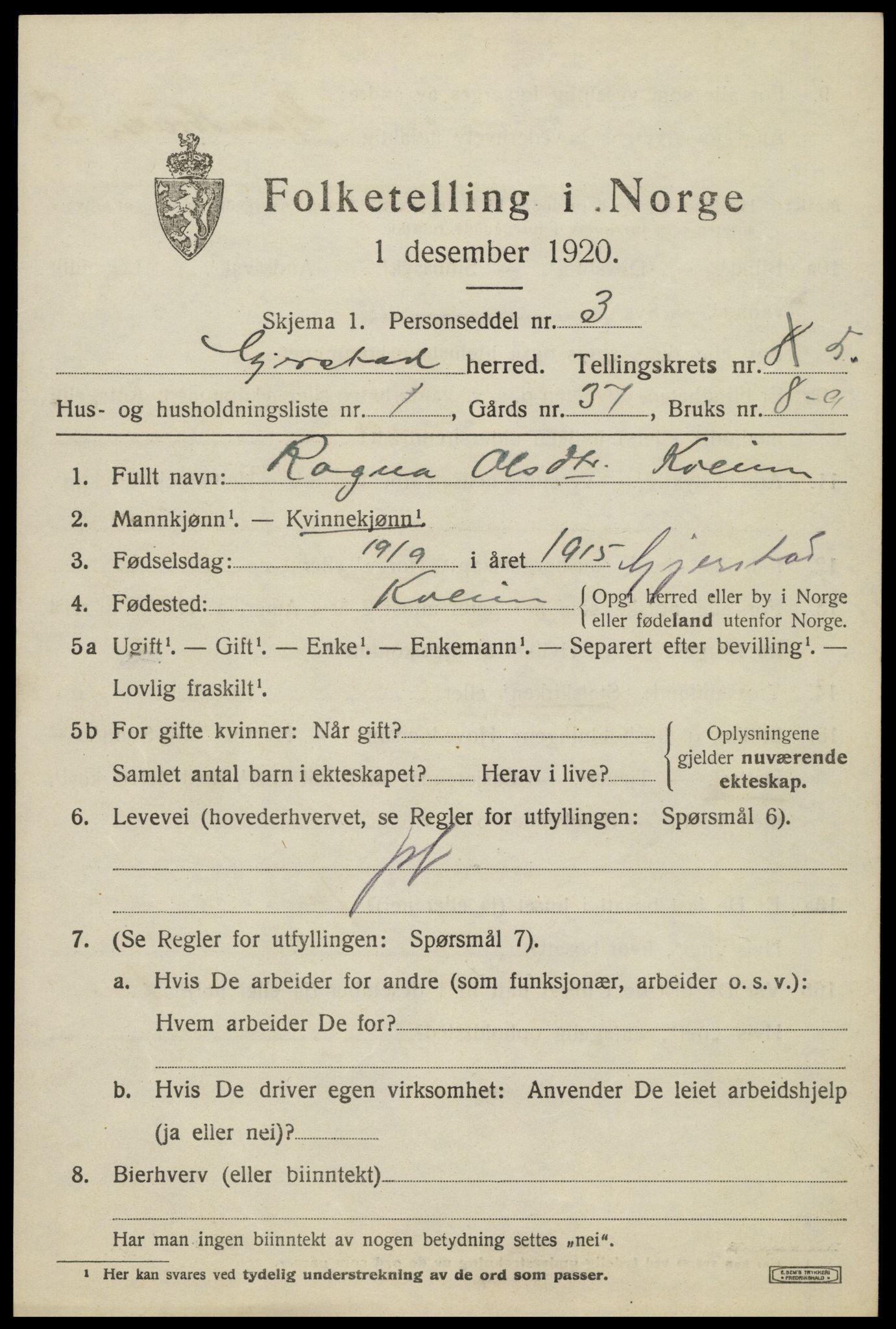 SAK, 1920 census for Gjerstad, 1920, p. 3265