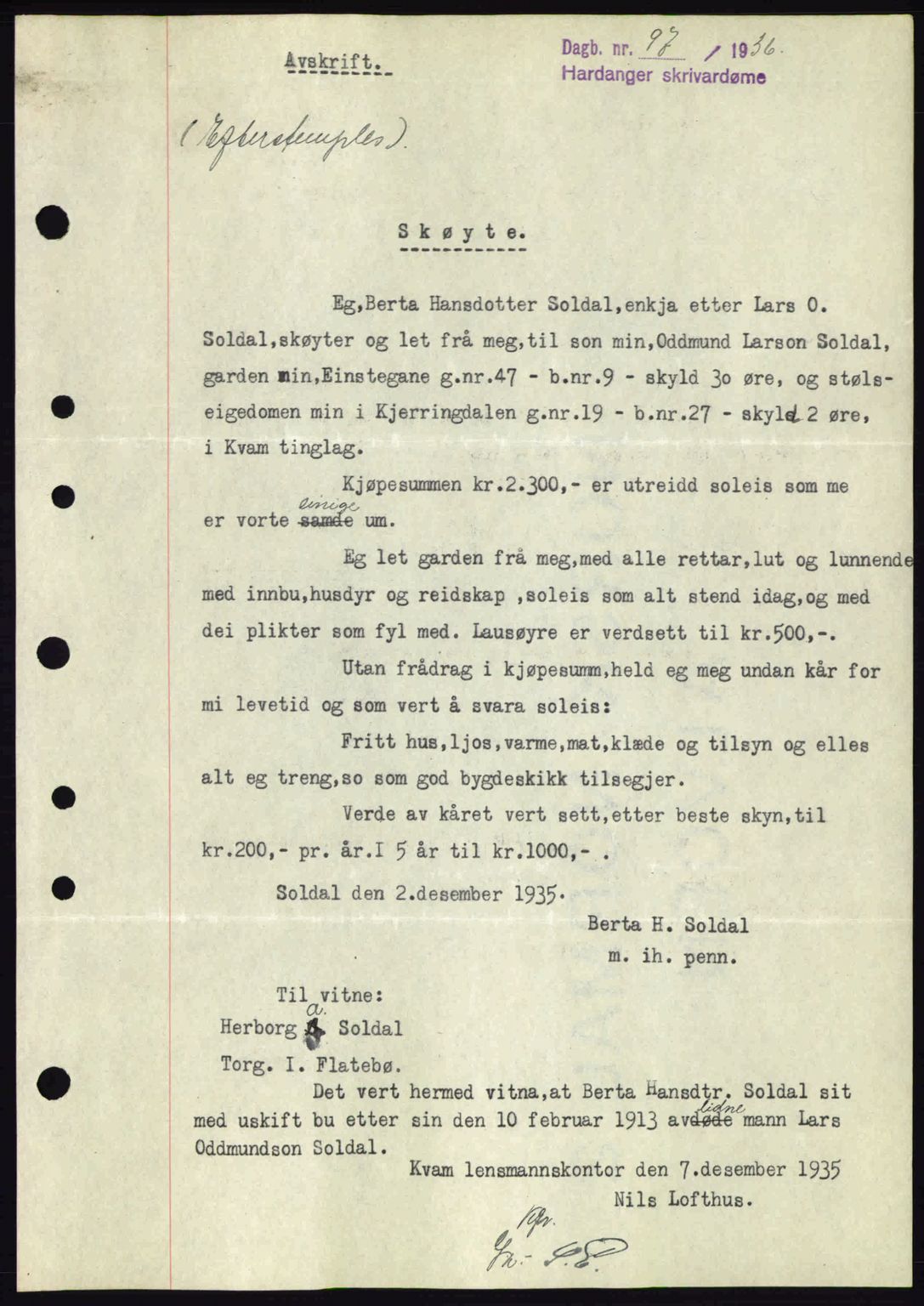 Hardanger sorenskriver, AV/SAB-A-2101/G/Ge/Gec/L0001: Mortgage book no. A1, 1936-1936, Diary no: : 97/1936