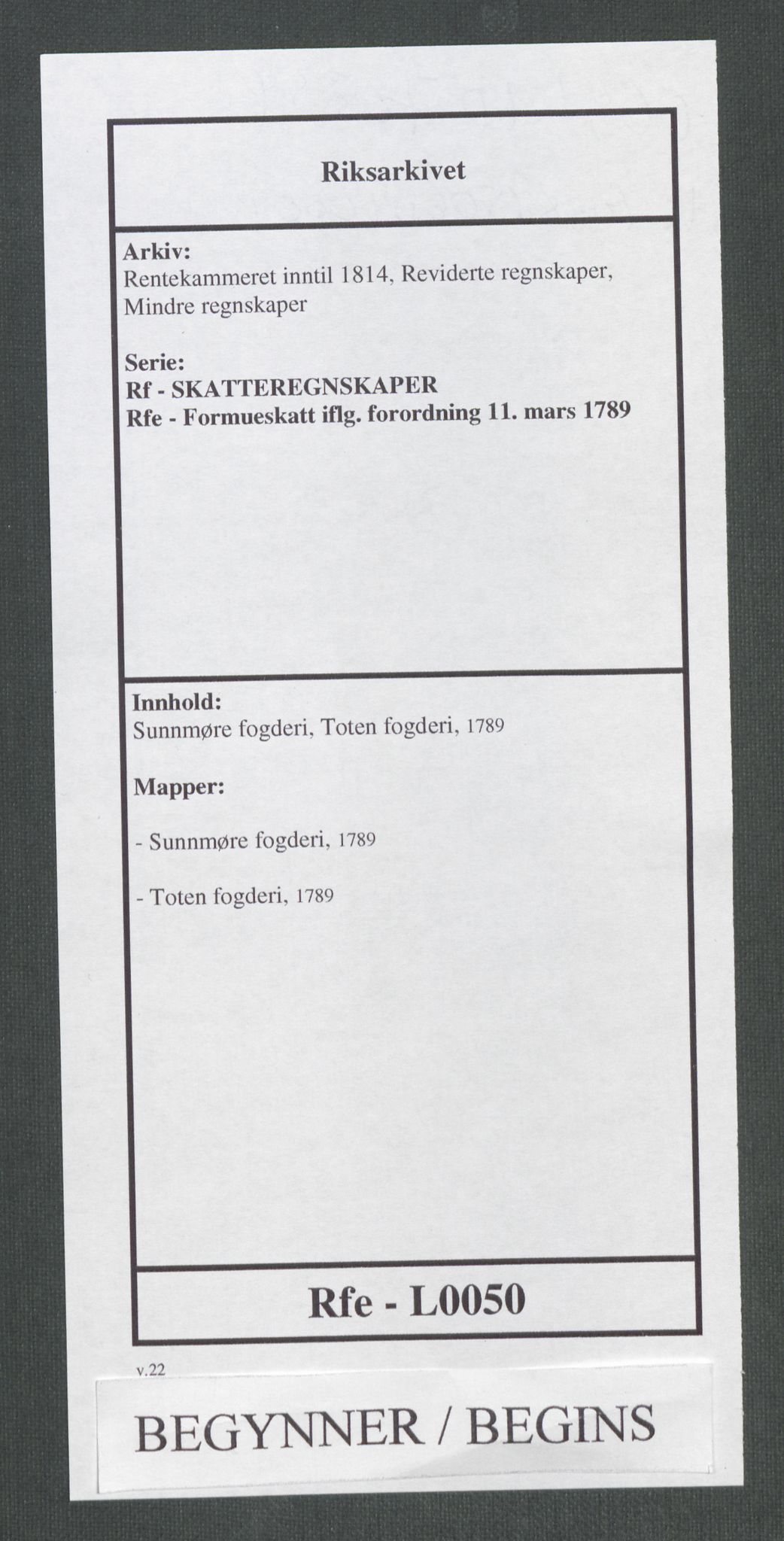 Rentekammeret inntil 1814, Reviderte regnskaper, Mindre regnskaper, AV/RA-EA-4068/Rf/Rfe/L0050: Sunnmøre fogderi, Toten fogderi, 1789, p. 1