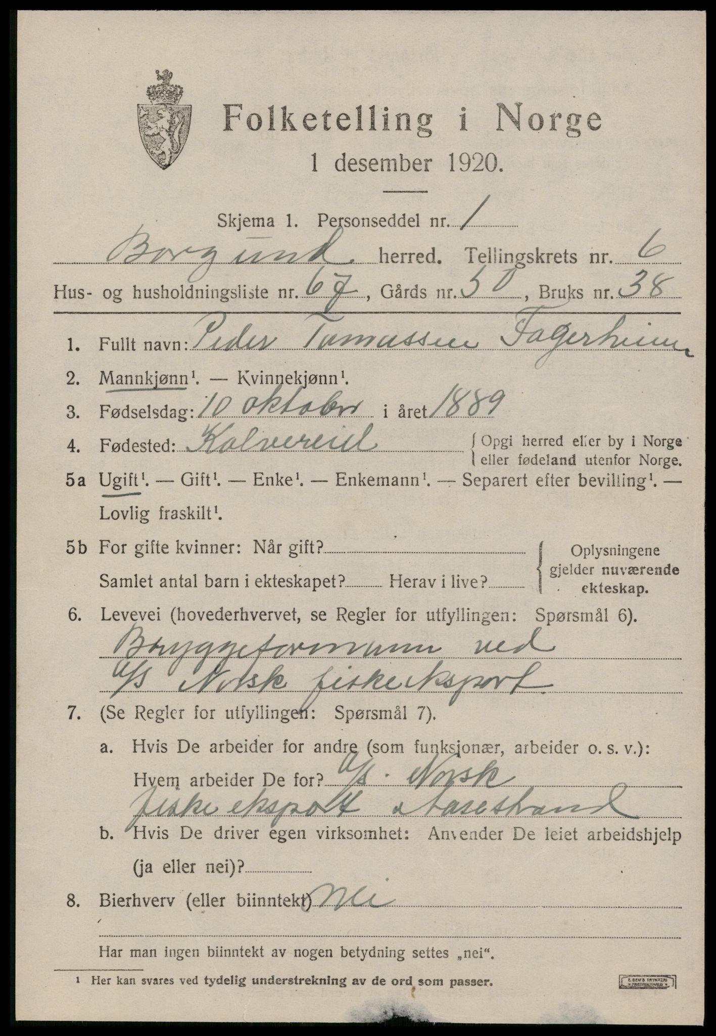 SAT, 1920 census for Borgund, 1920, p. 5992