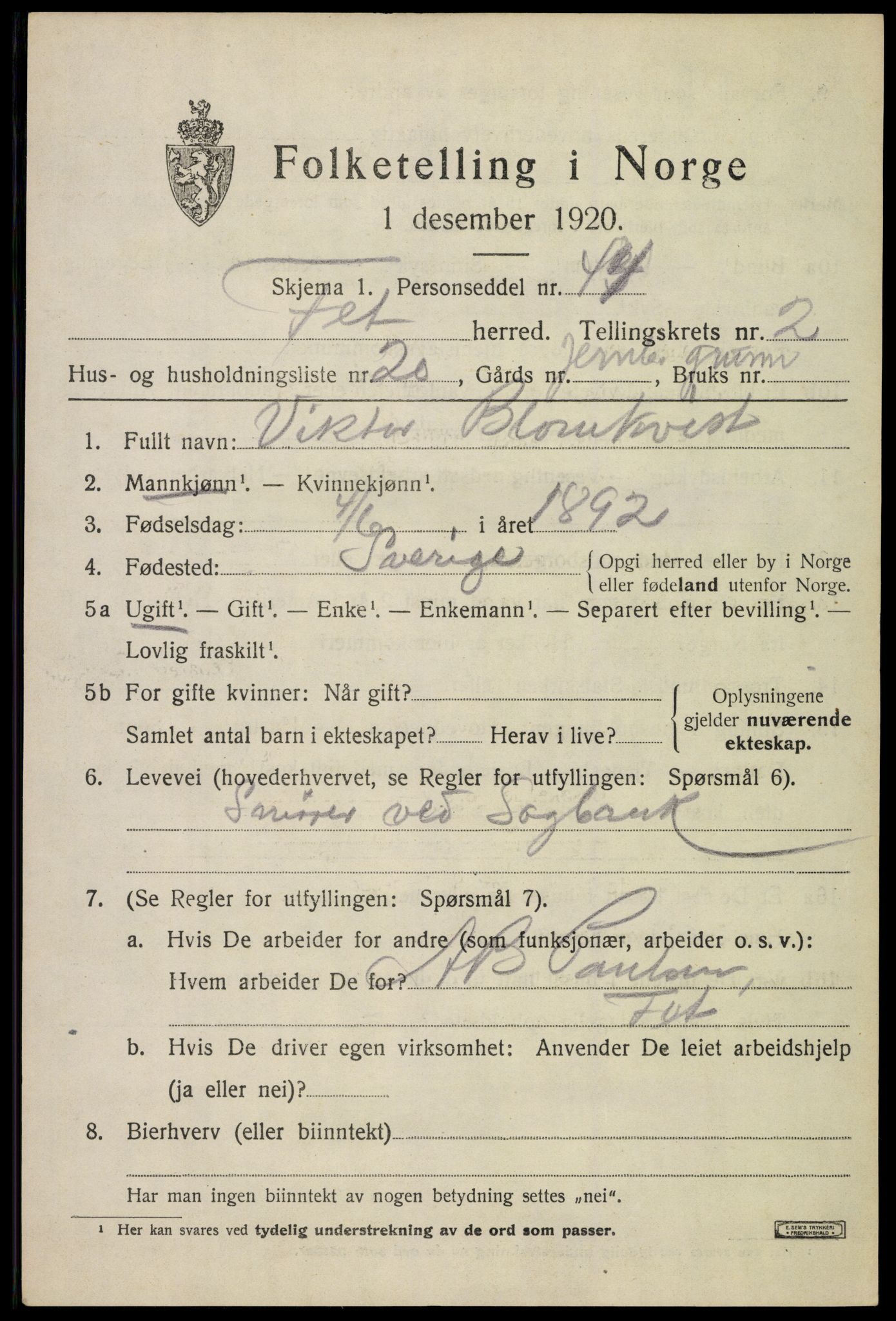 SAO, 1920 census for Fet, 1920, p. 3040