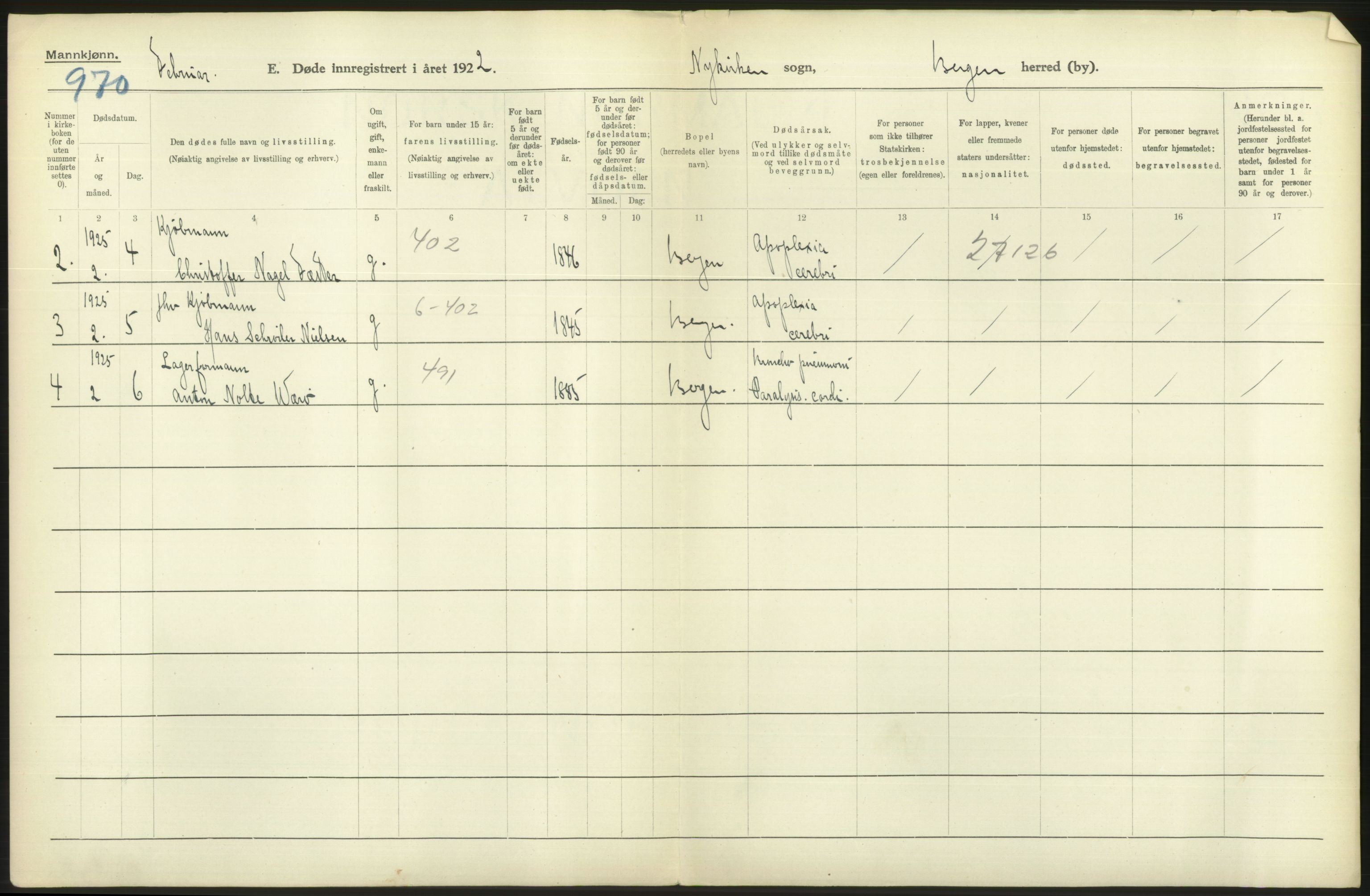 Statistisk sentralbyrå, Sosiodemografiske emner, Befolkning, RA/S-2228/D/Df/Dfc/Dfce/L0029: Bergen: Gifte, døde., 1925, p. 410