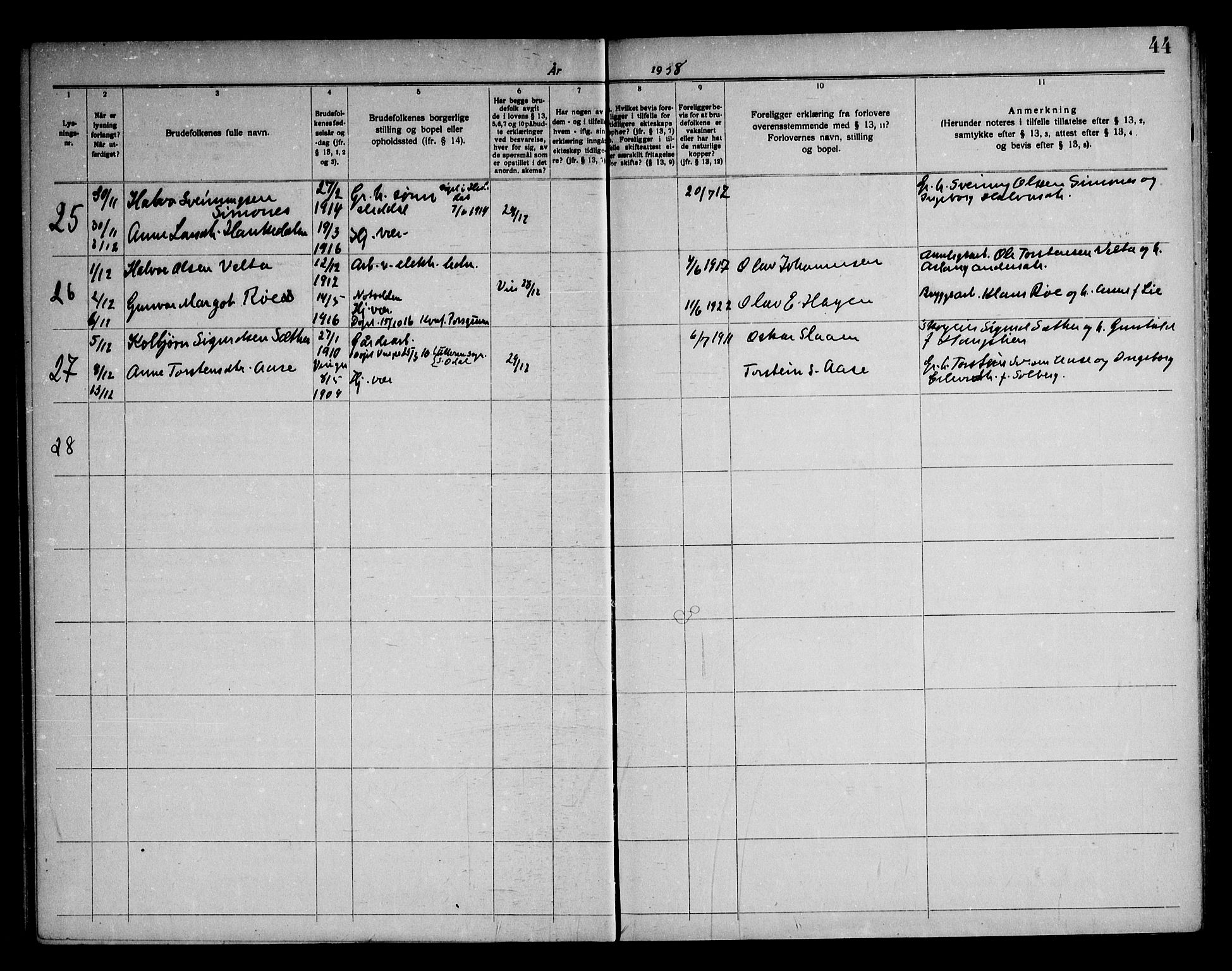 Sauherad kirkebøker, SAKO/A-298/H/Ha/L0001: Banns register no. 1, 1919-1960, p. 44