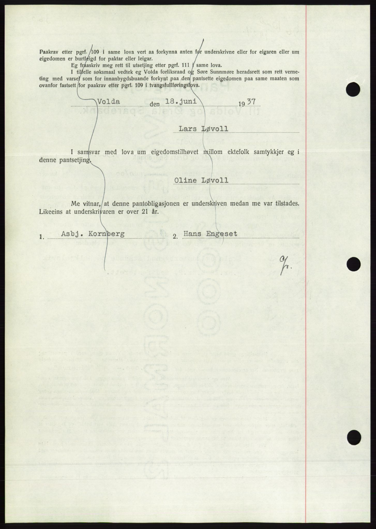 Søre Sunnmøre sorenskriveri, AV/SAT-A-4122/1/2/2C/L0063: Mortgage book no. 57, 1937-1937, Diary no: : 1020/1937