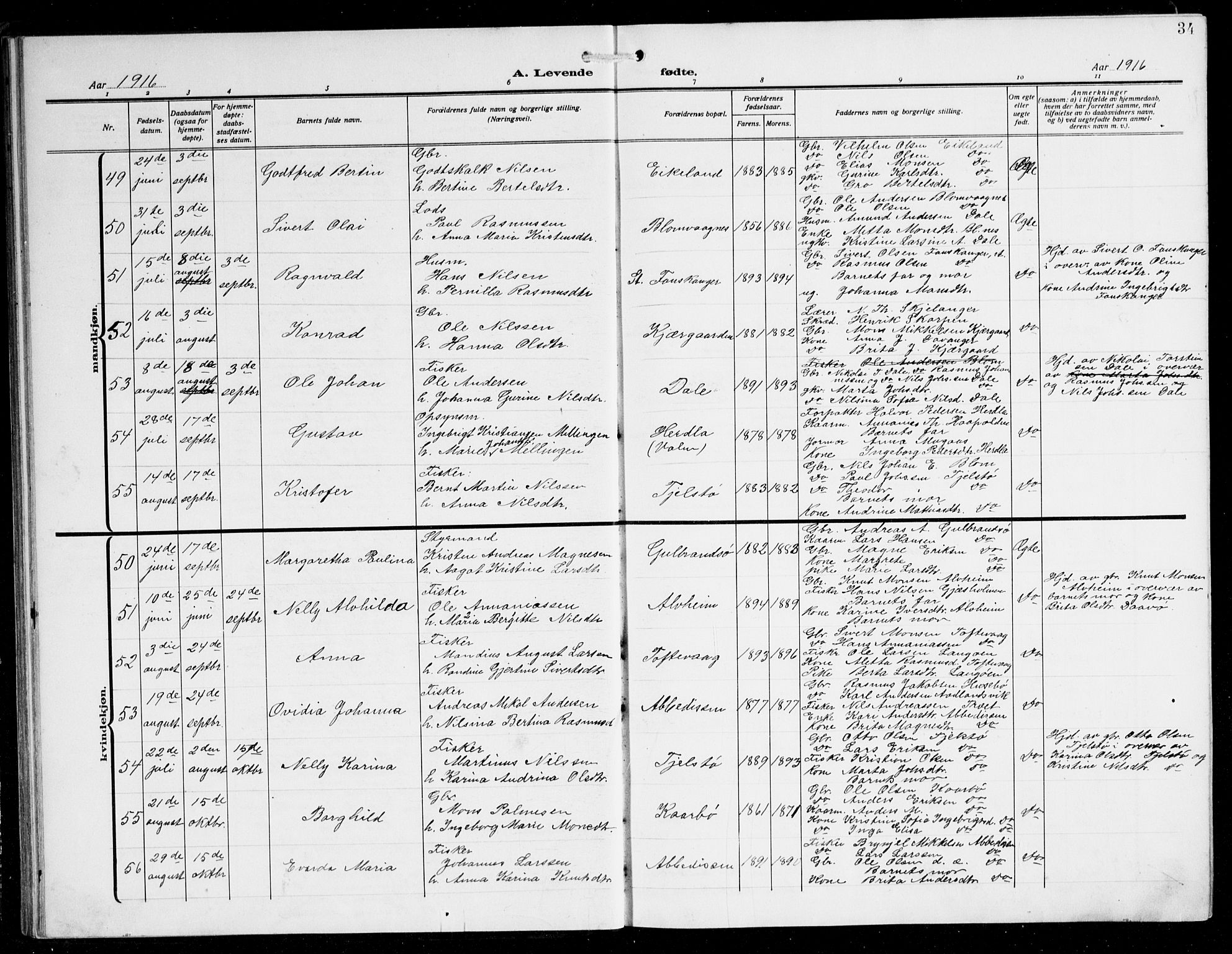 Herdla Sokneprestembete, AV/SAB-A-75701/H/Hab: Parish register (copy) no. C 2, 1913-1926, p. 34