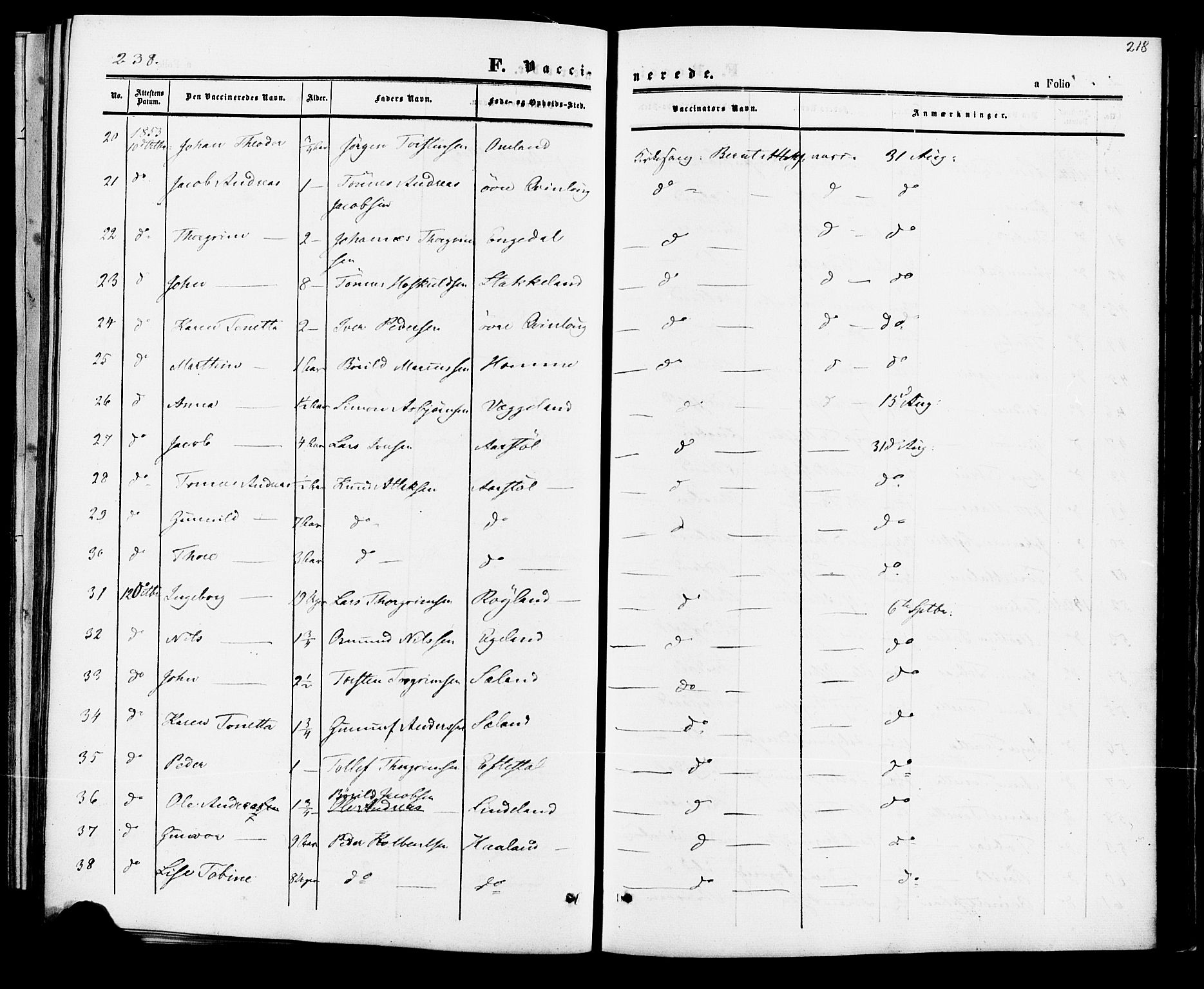 Fjotland sokneprestkontor, AV/SAK-1111-0010/F/Fa/L0001: Parish register (official) no. A 1, 1850-1879, p. 218