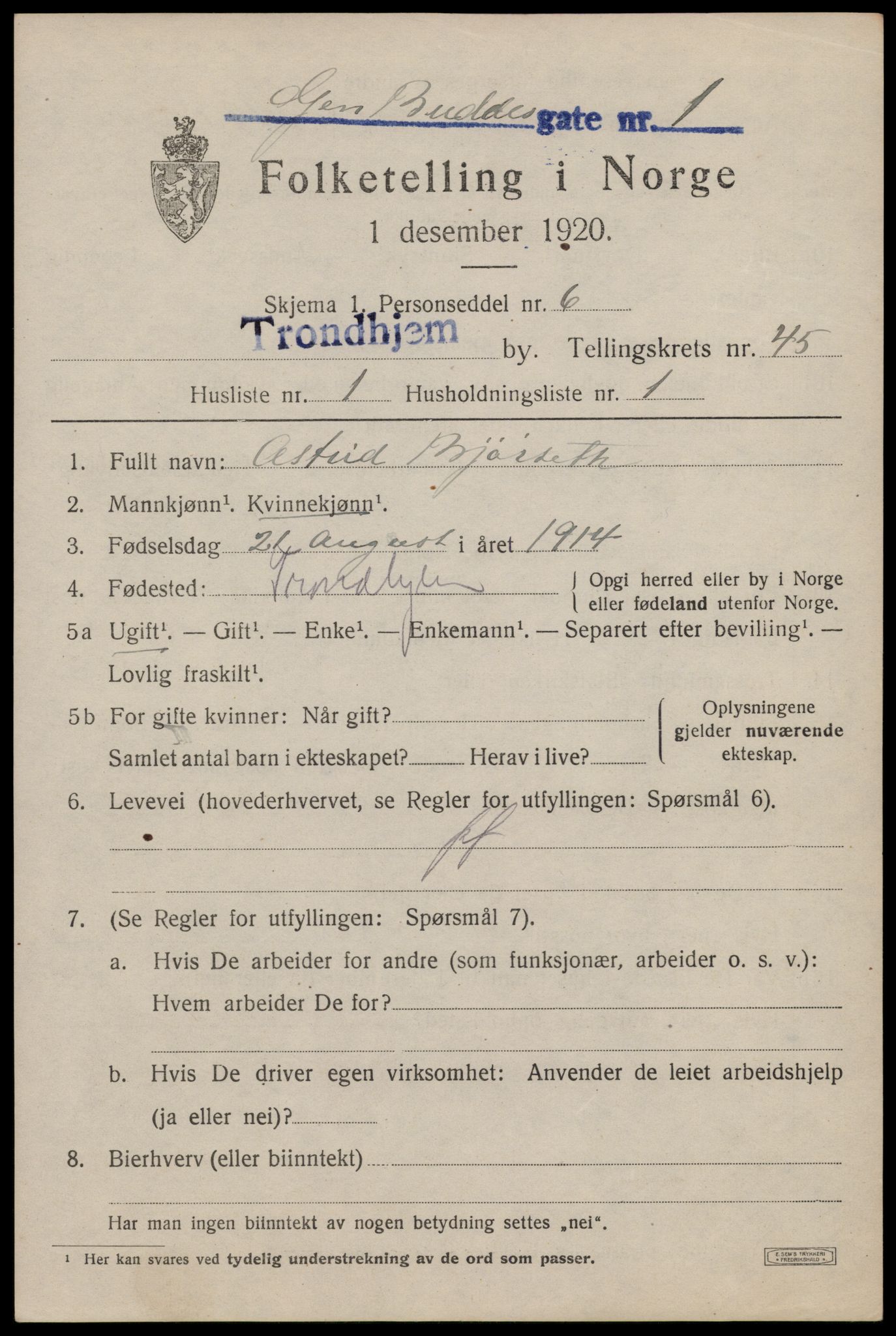 SAT, 1920 census for Trondheim, 1920, p. 96260