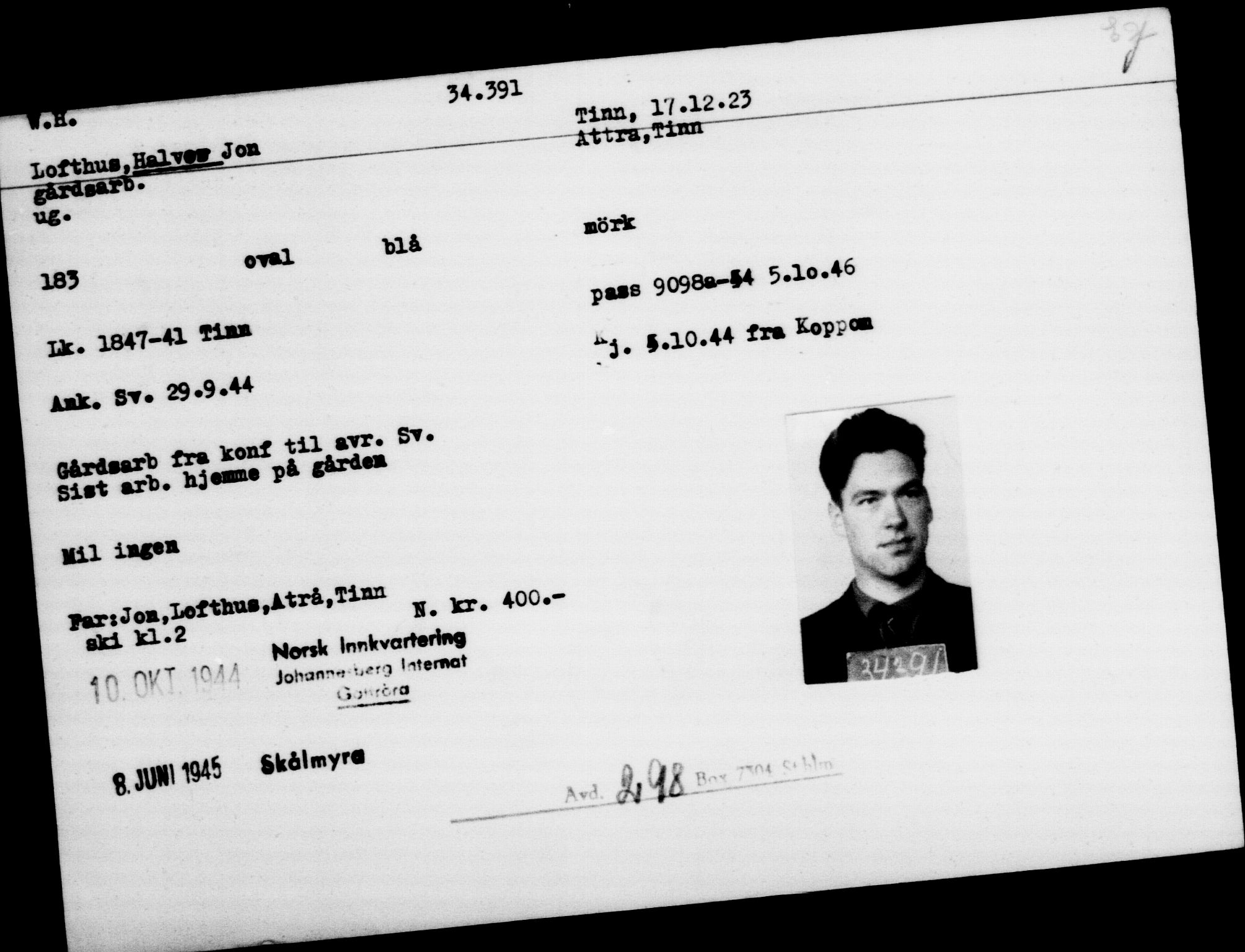 Utenriksstasjonene, Legasjonen i Stockholm, Flyktningkontoret, AV/RA-S-6753/V/Va/L0013: Kjesäterkartoteket, flyktninger med registreringsnr. 31500-34731, 1940-1945, p. 3045