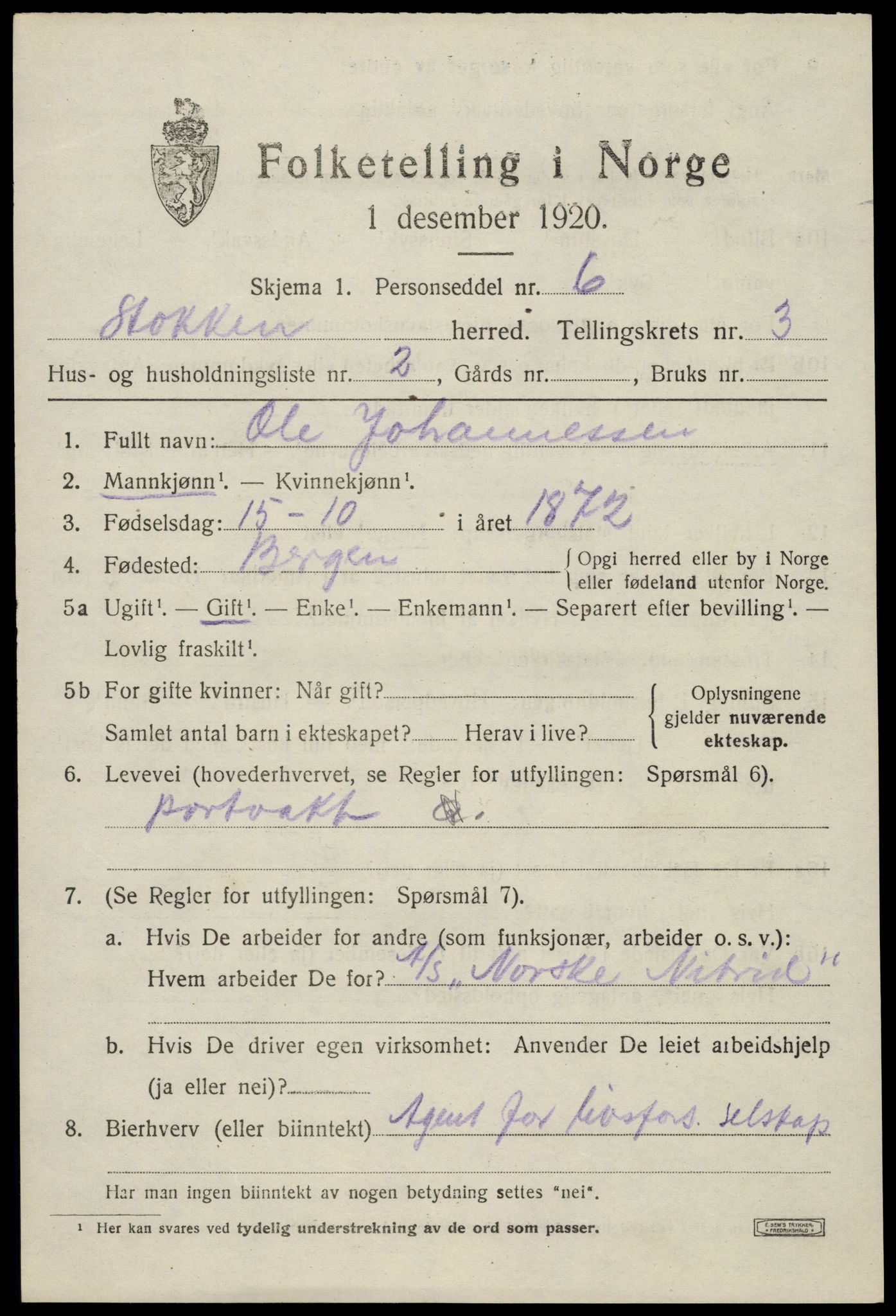 SAK, 1920 census for Stokken, 1920, p. 1984