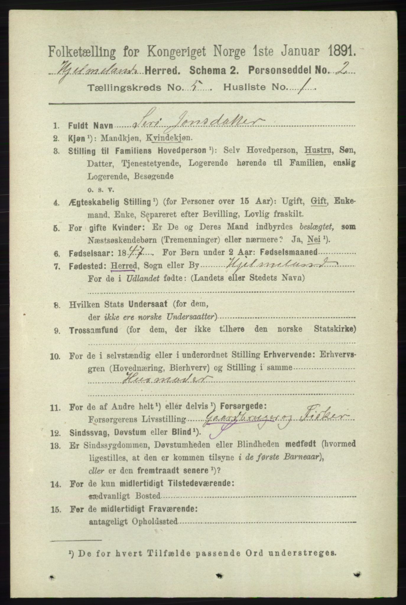 RA, 1891 census for 1133 Hjelmeland, 1891, p. 1152