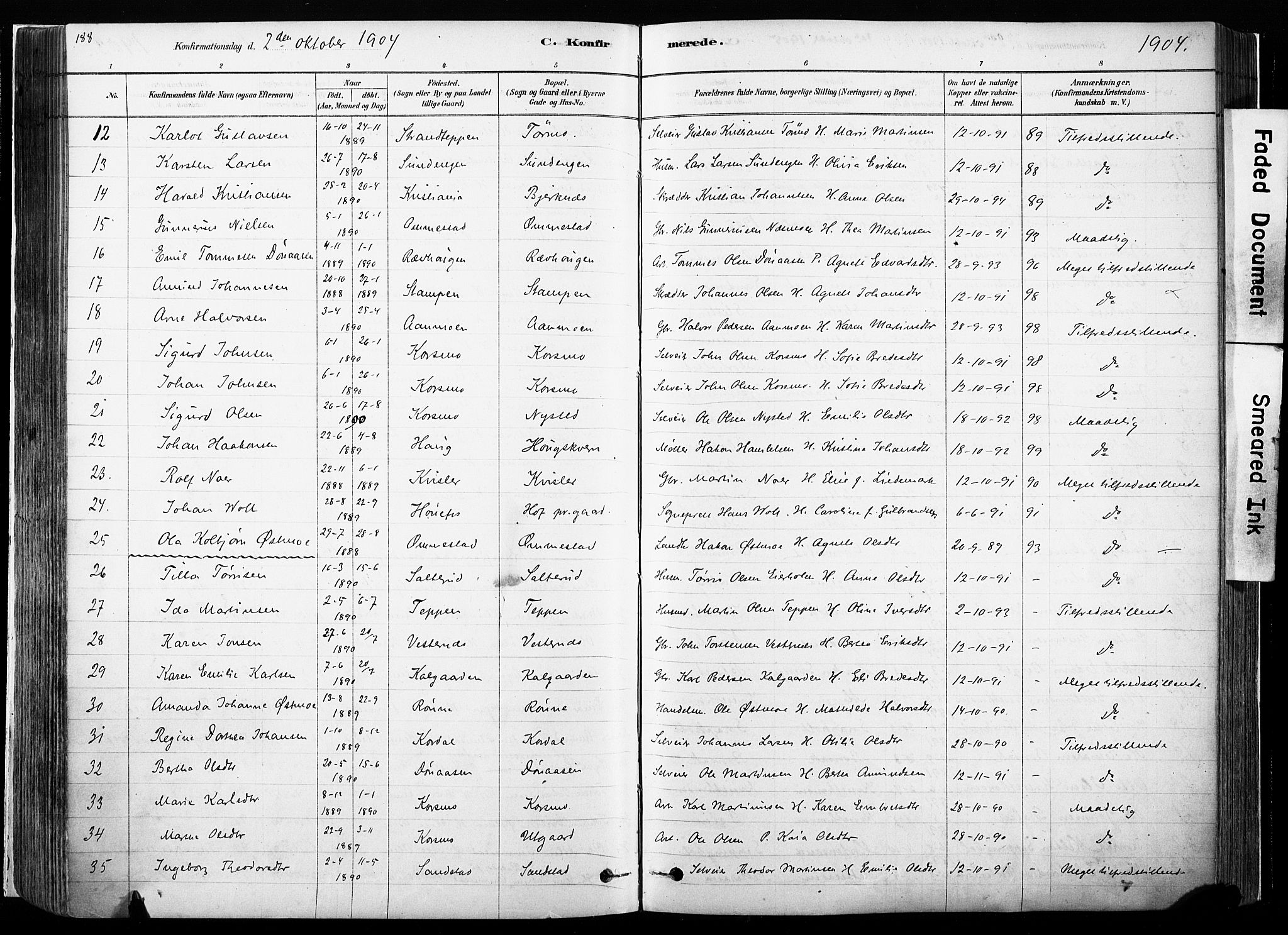 Hof prestekontor, AV/SAH-PREST-038/H/Ha/Haa/L0010: Parish register (official) no. 10, 1878-1909, p. 188