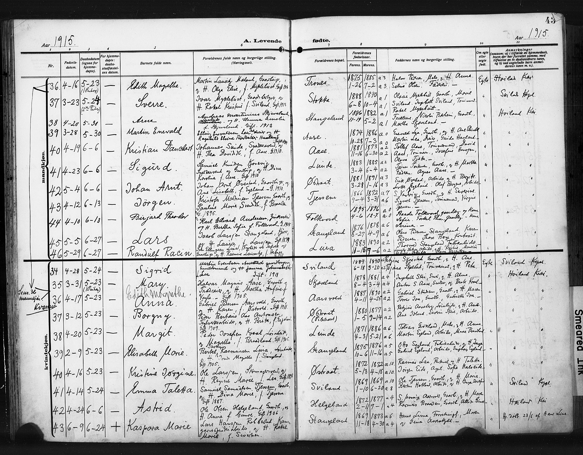 Høyland sokneprestkontor, AV/SAST-A-101799/001/30BA/L0017: Parish register (official) no. A 15, 1912-1924, p. 43