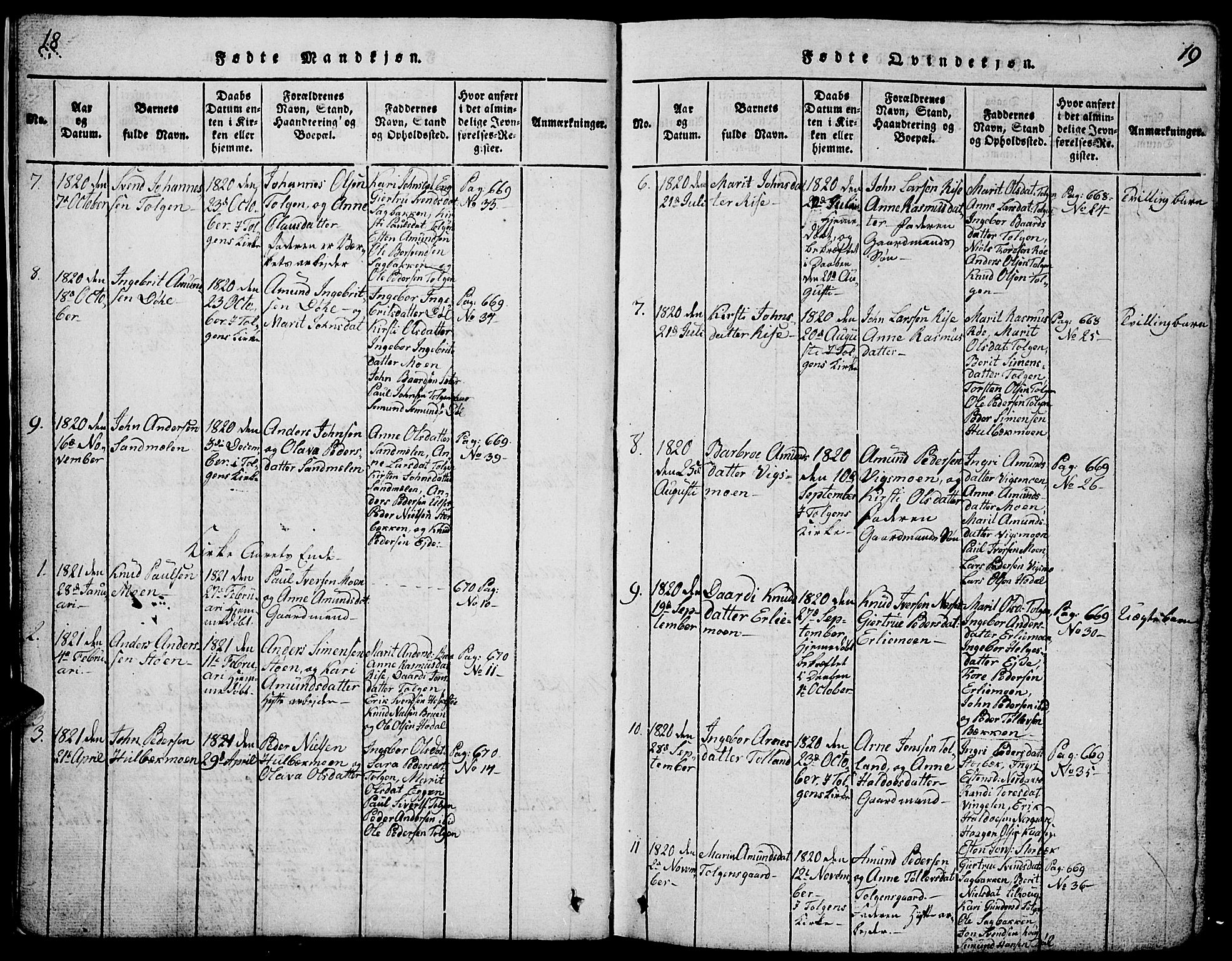 Tolga prestekontor, AV/SAH-PREST-062/L/L0001: Parish register (copy) no. 1, 1814-1877, p. 18-19