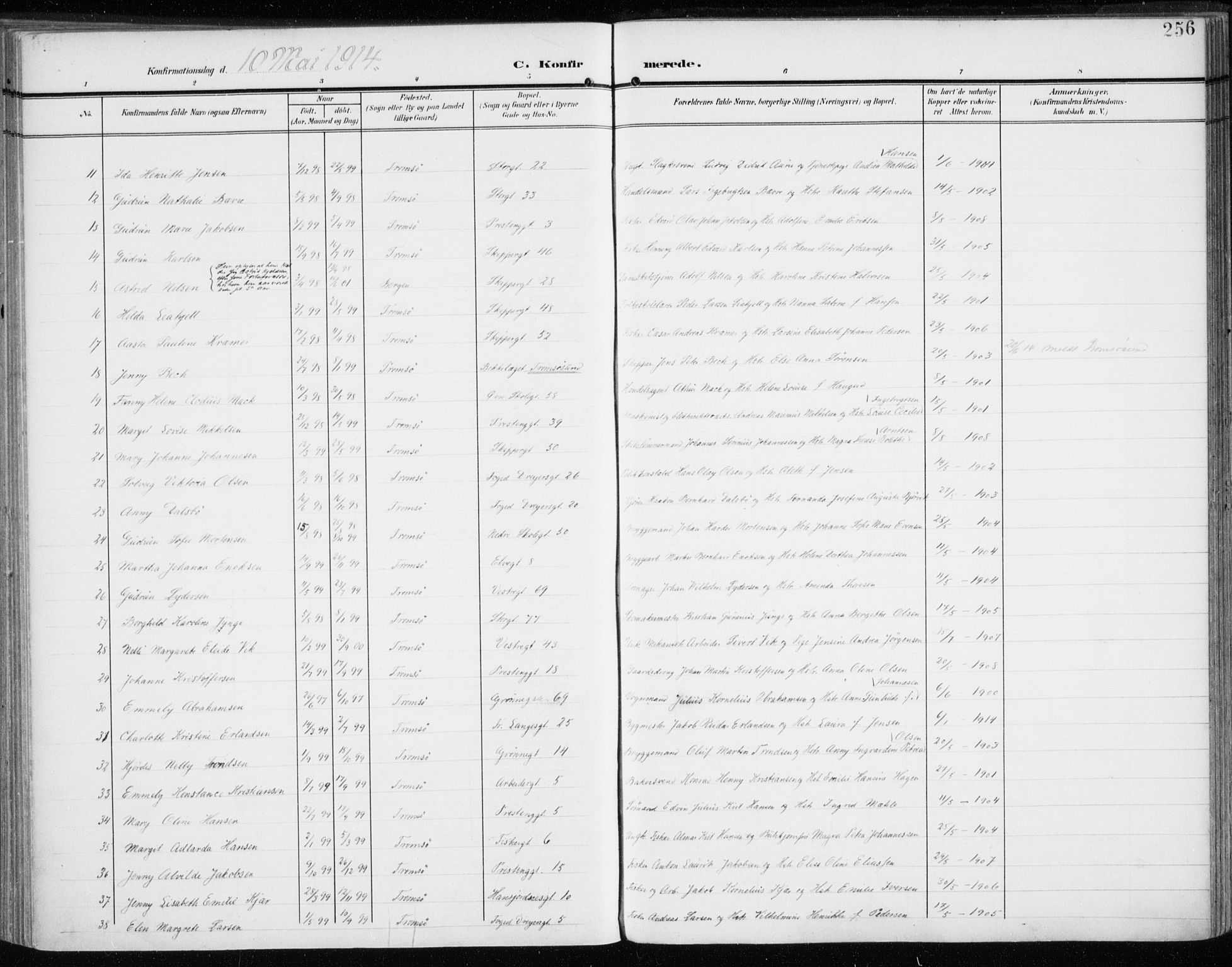 Tromsø sokneprestkontor/stiftsprosti/domprosti, AV/SATØ-S-1343/G/Ga/L0017kirke: Parish register (official) no. 17, 1907-1917, p. 256