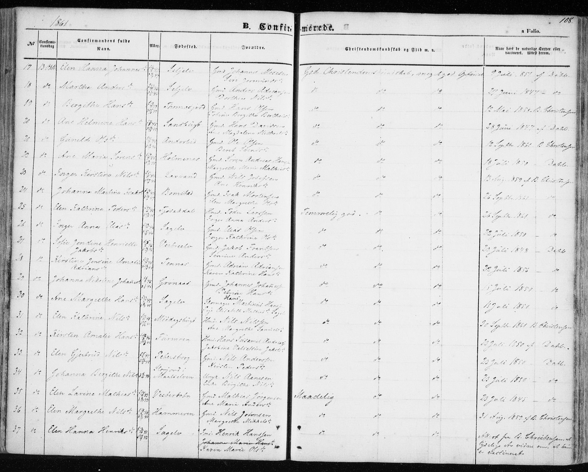 Balsfjord sokneprestembete, SATØ/S-1303/G/Ga/L0003kirke: Parish register (official) no. 3, 1856-1870, p. 108