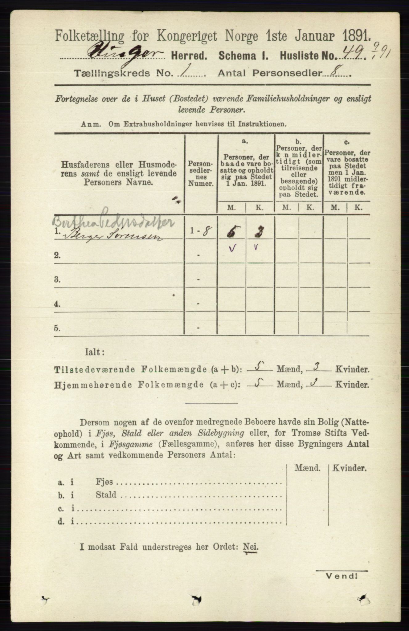 RA, 1891 census for 0421 Vinger, 1891, p. 87