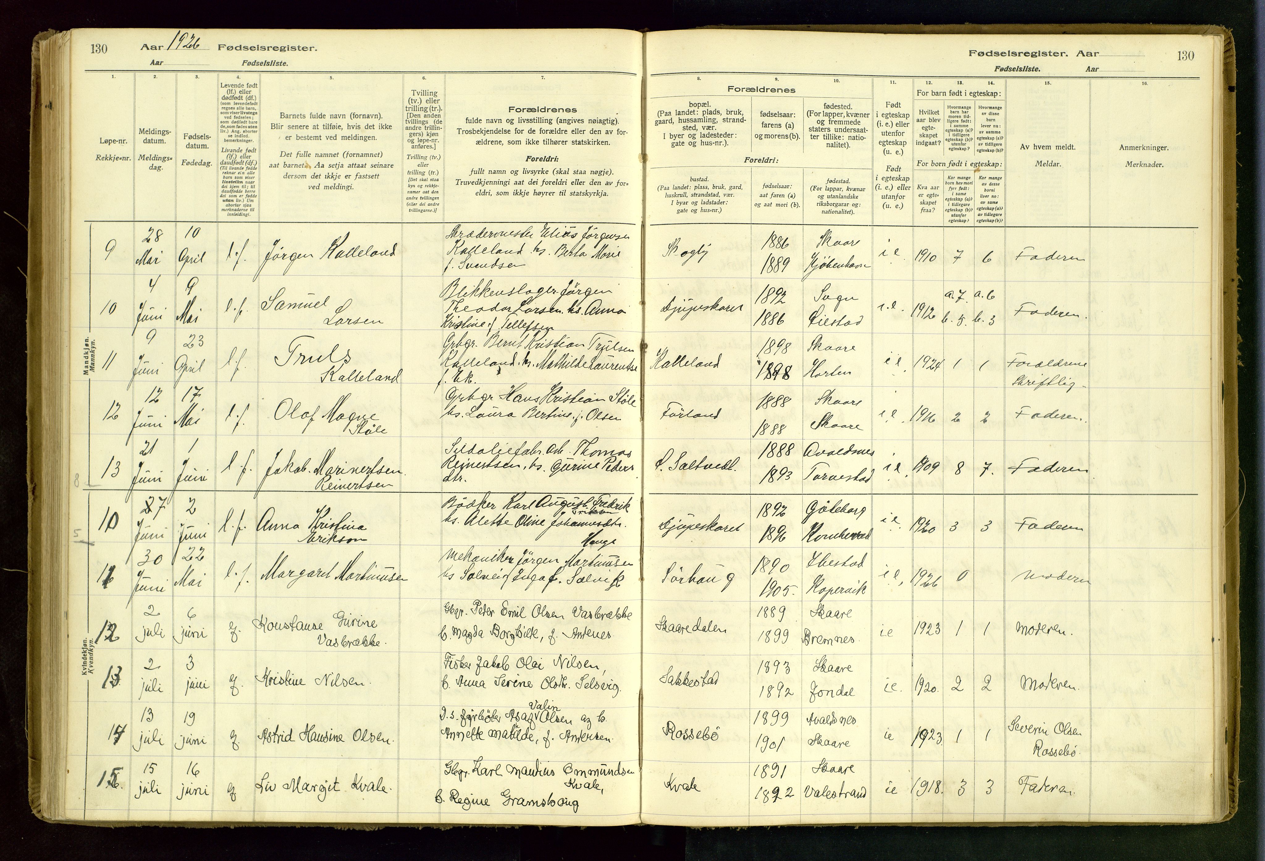 Haugesund sokneprestkontor, AV/SAST-A -101863/I/Id/L0001: Birth register no. 1, 1916-1935, p. 130