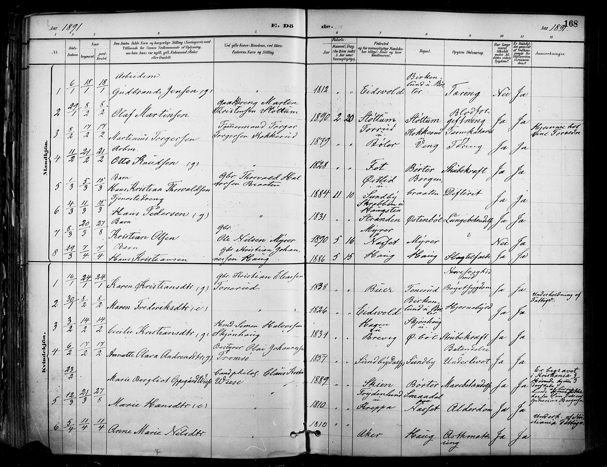 Enebakk prestekontor Kirkebøker, AV/SAO-A-10171c/F/Fa/L0016: Parish register (official) no. I 16, 1883-1898, p. 168