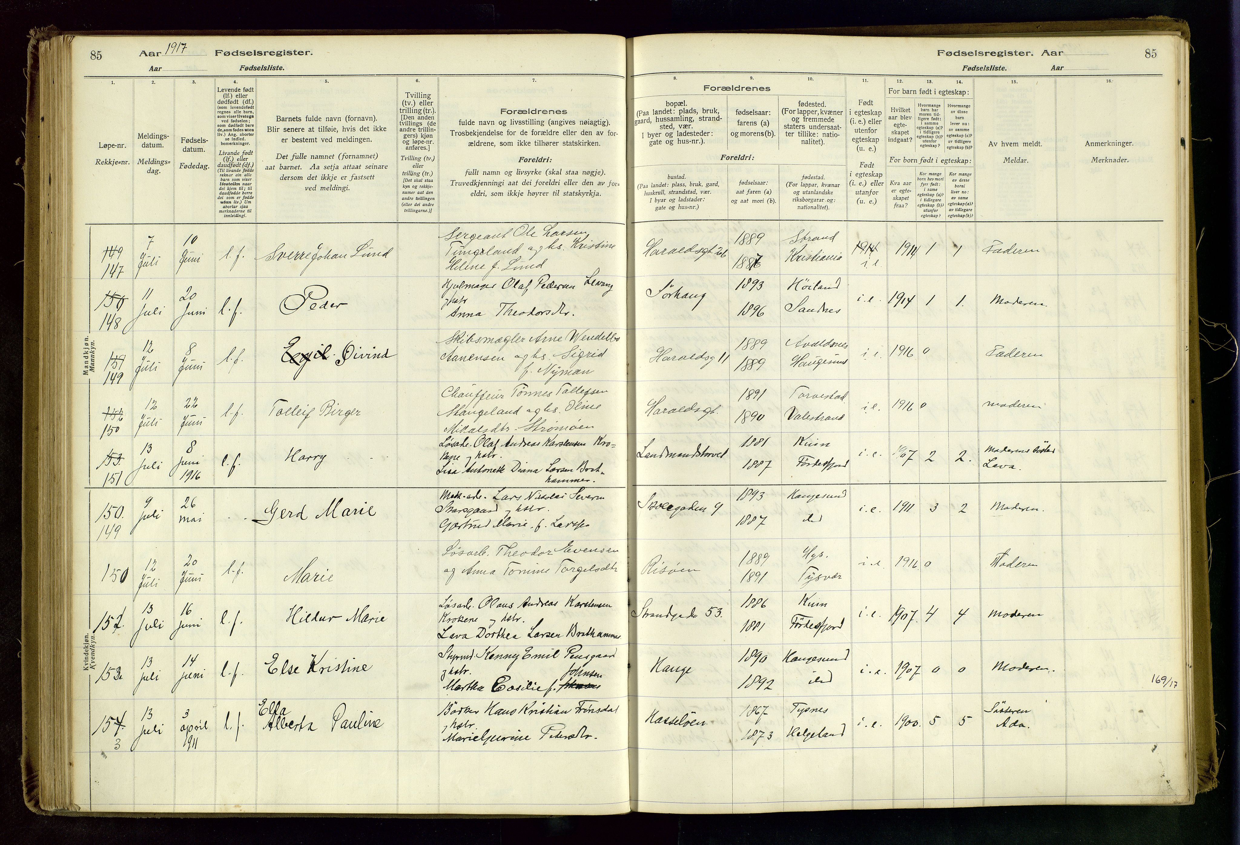 Haugesund sokneprestkontor, AV/SAST-A -101863/I/Id/L0003: Birth register no. 1, 1916-1919, p. 85