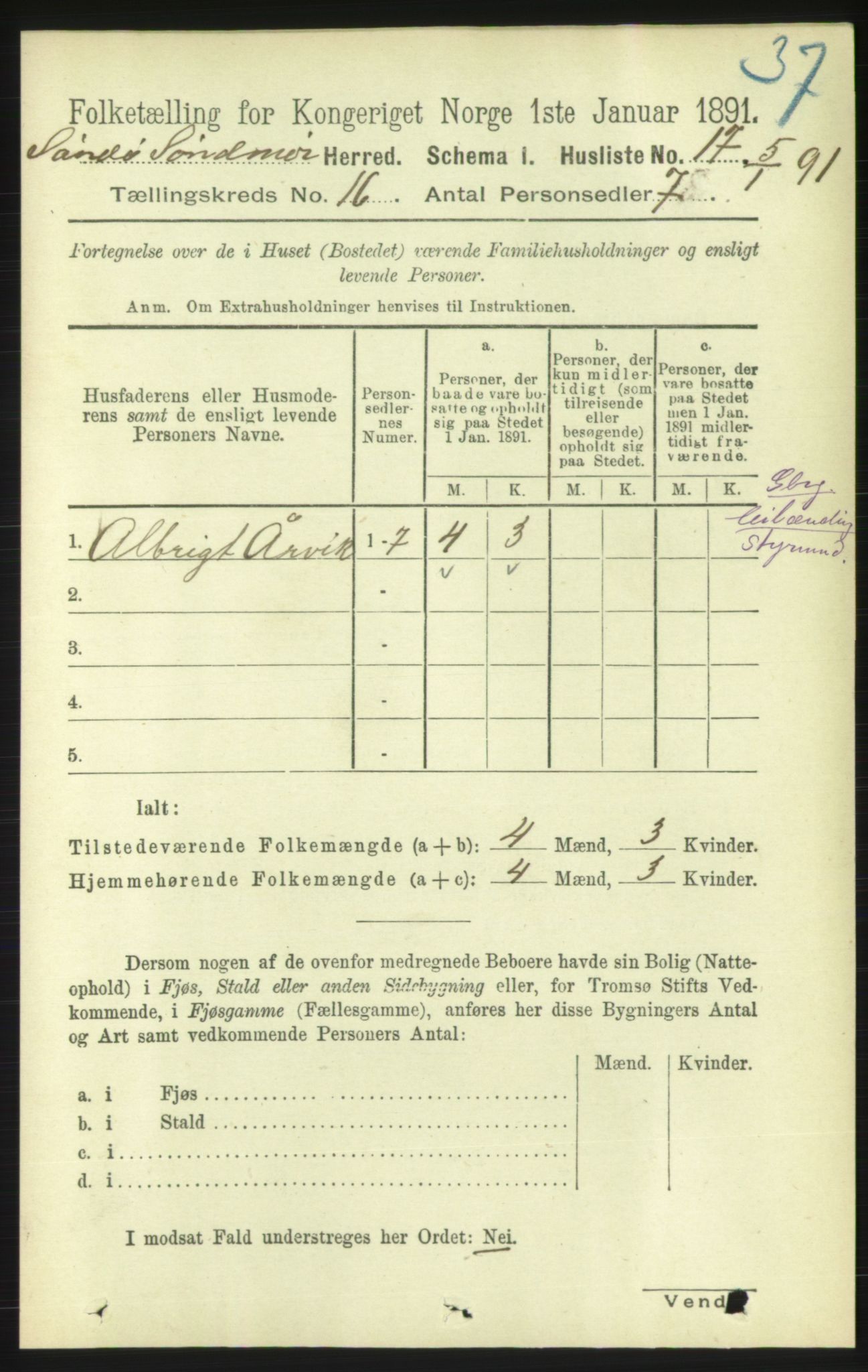 RA, 1891 census for 1514 Sande, 1891, p. 3156