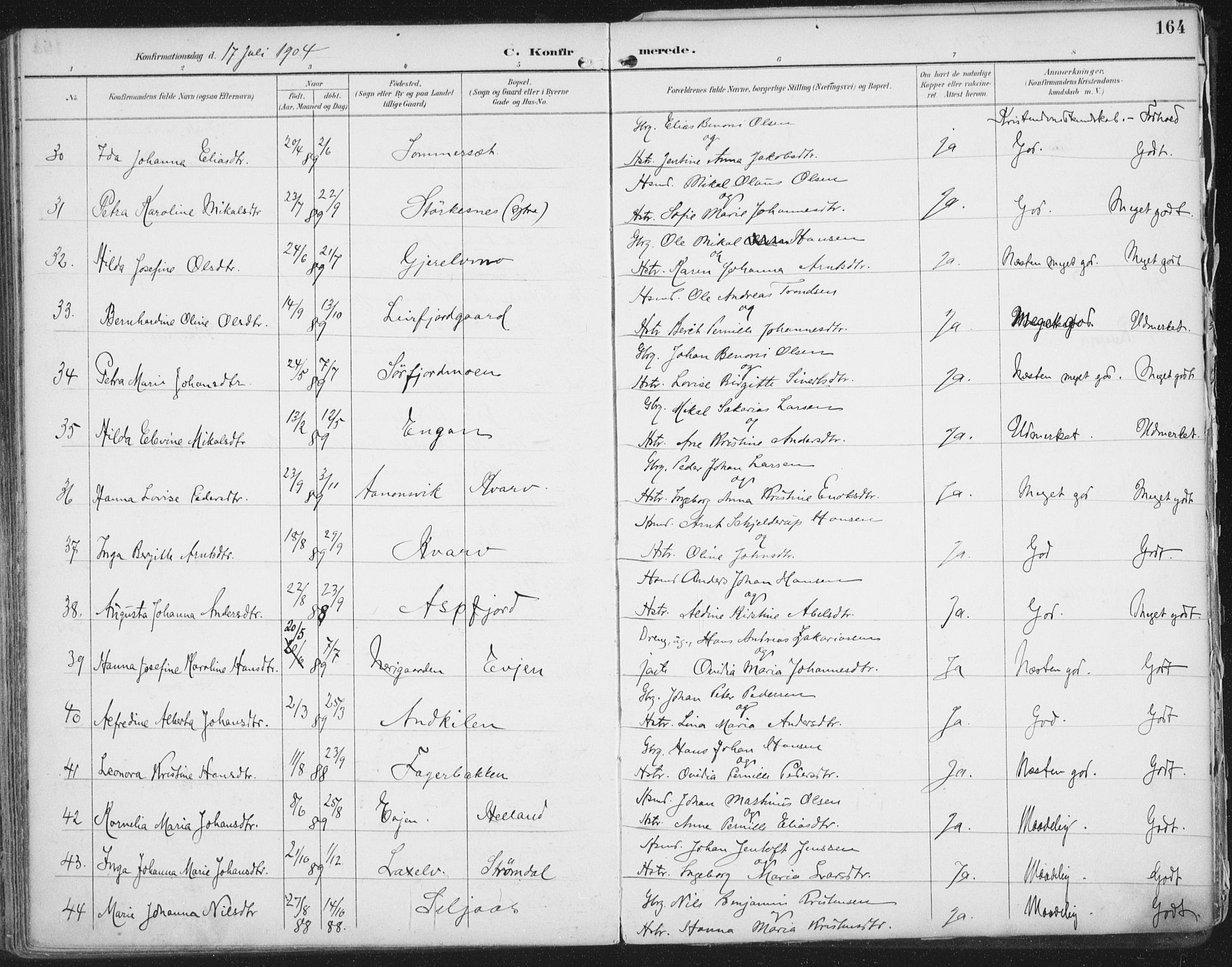 Ministerialprotokoller, klokkerbøker og fødselsregistre - Nordland, AV/SAT-A-1459/854/L0779: Parish register (official) no. 854A02, 1892-1909, p. 164