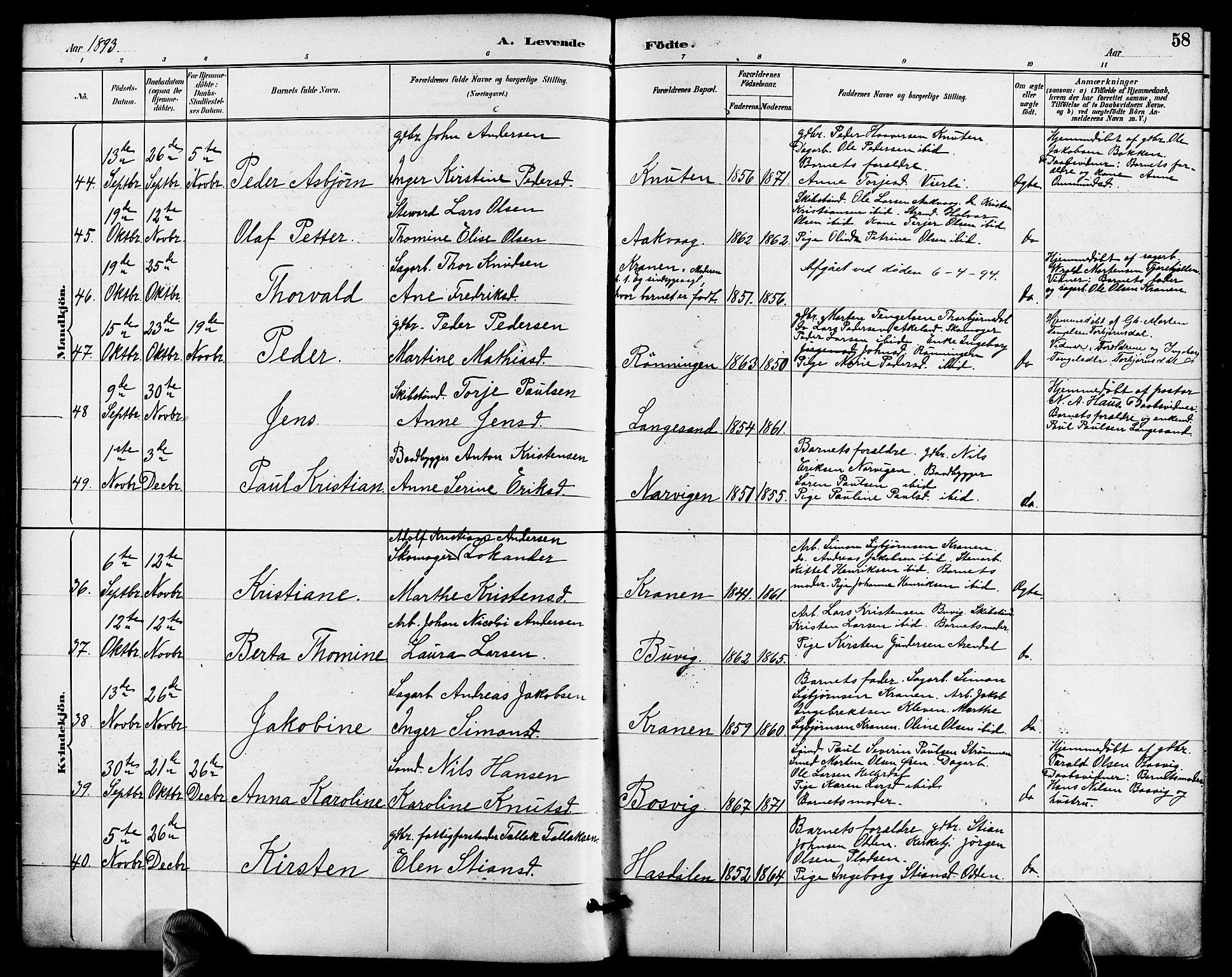 Søndeled sokneprestkontor, SAK/1111-0038/F/Fa/L0005: Parish register (official) no. A 5, 1889-1899, p. 58