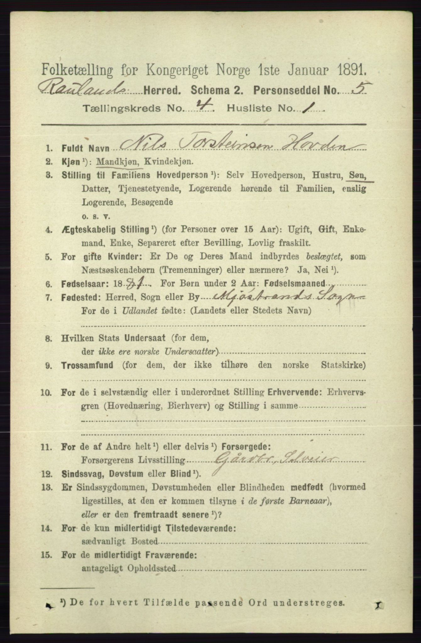 RA, 1891 census for 0835 Rauland, 1891, p. 1016