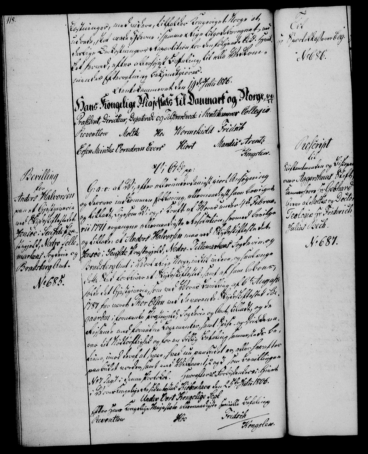 Rentekammeret, Kammerkanselliet, AV/RA-EA-3111/G/Gg/Gga/L0018: Norsk ekspedisjonsprotokoll med register (merket RK 53.18), 1804-1806, p. 418