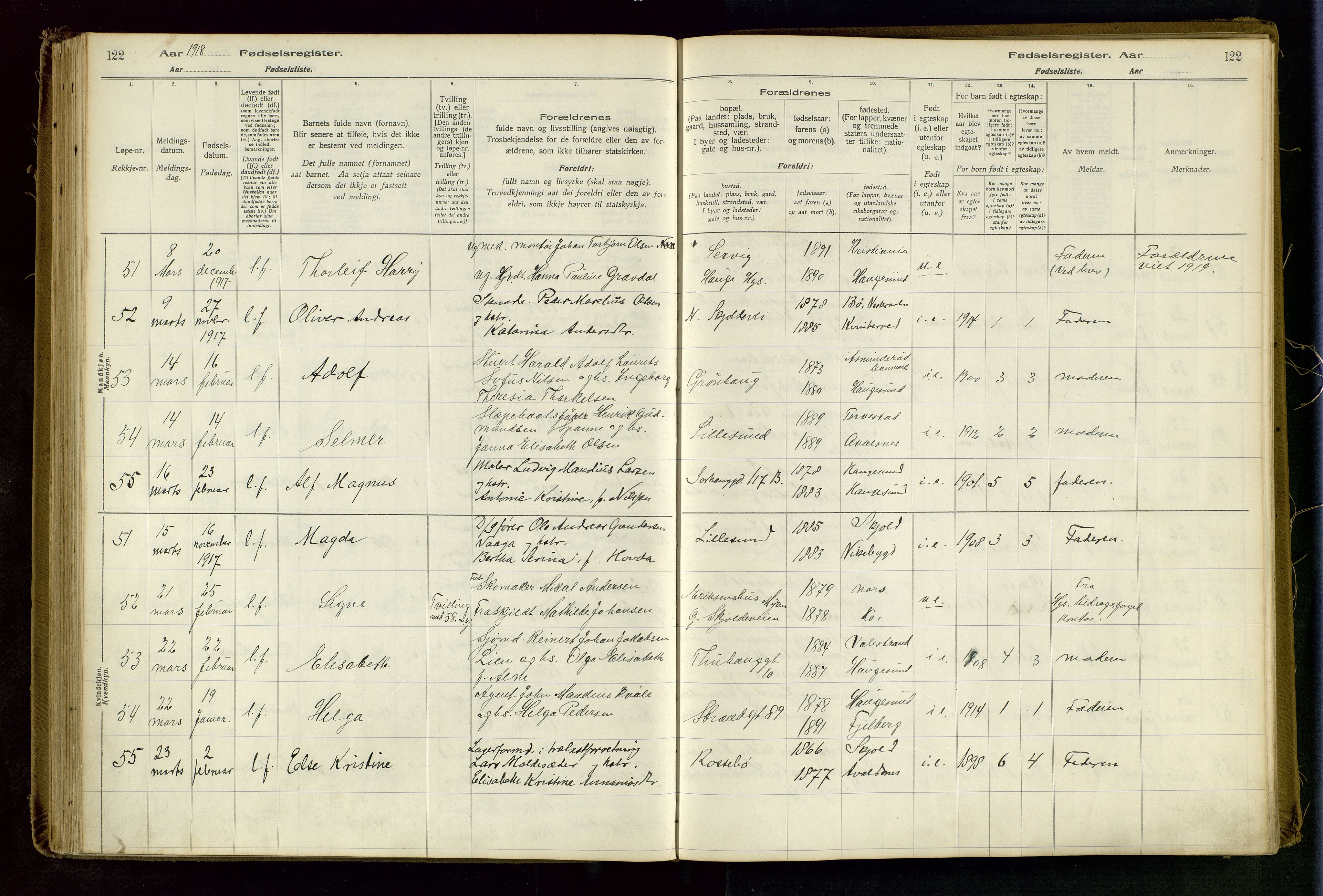 Haugesund sokneprestkontor, SAST/A -101863/I/Id/L0003: Birth register no. 1, 1916-1919, p. 122