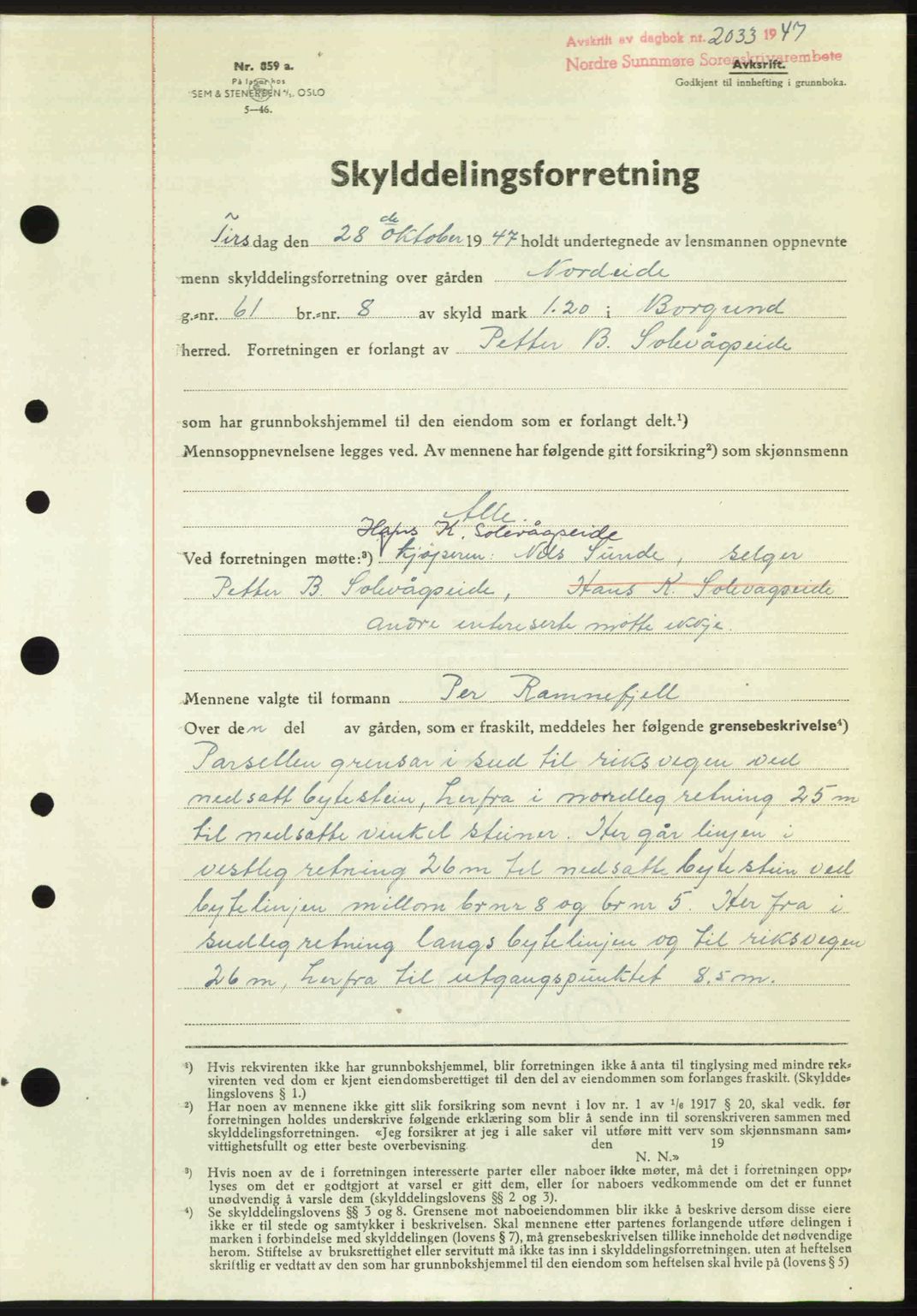 Nordre Sunnmøre sorenskriveri, AV/SAT-A-0006/1/2/2C/2Ca: Mortgage book no. A26, 1947-1948, Diary no: : 2033/1947