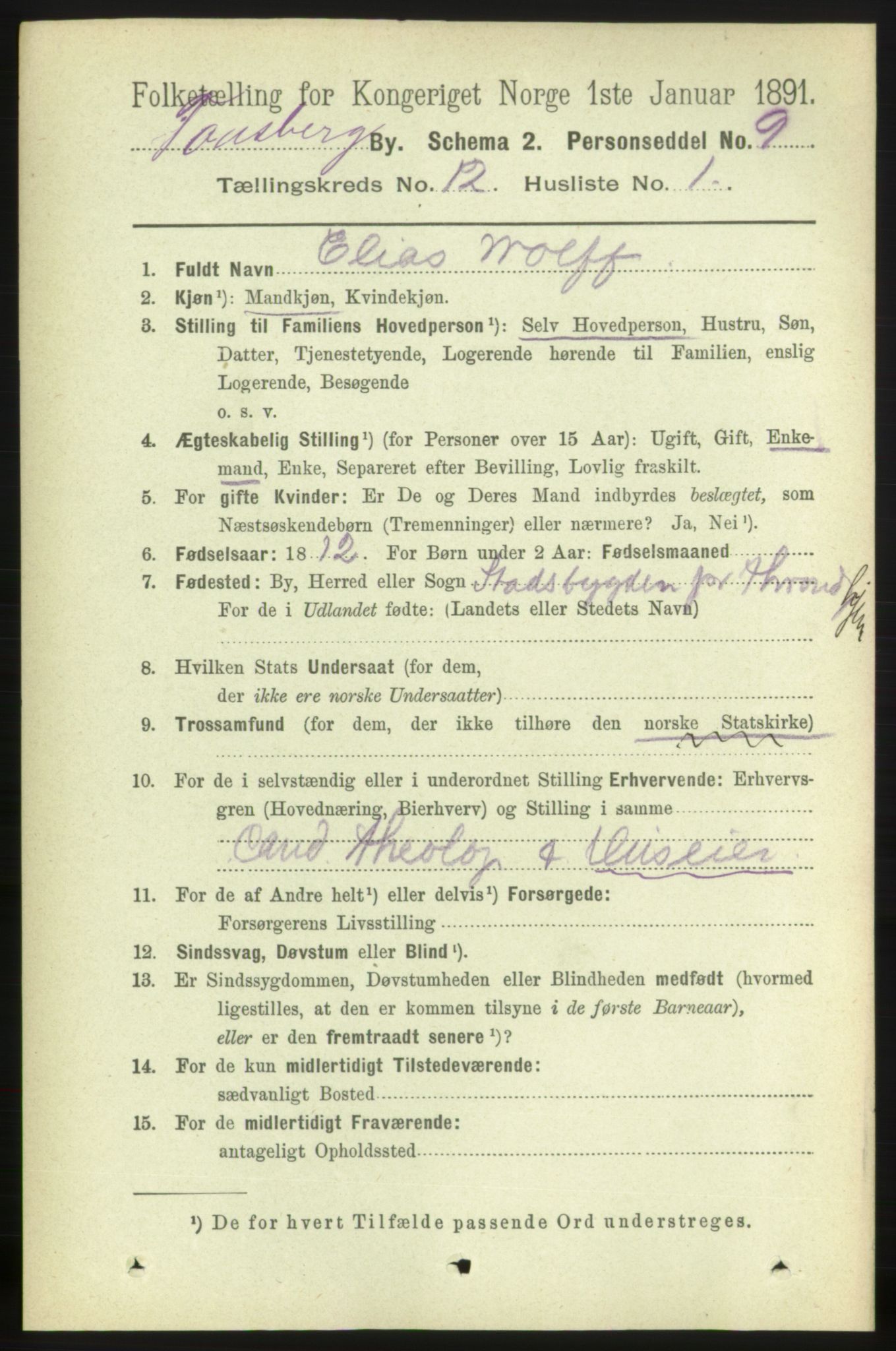 RA, 1891 census for 0705 Tønsberg, 1891, p. 4071