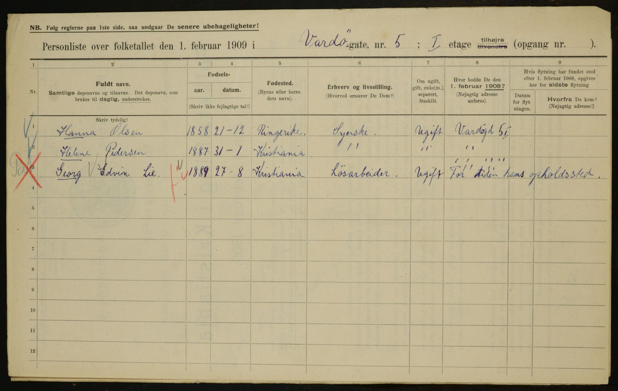 OBA, Municipal Census 1909 for Kristiania, 1909, p. 110607