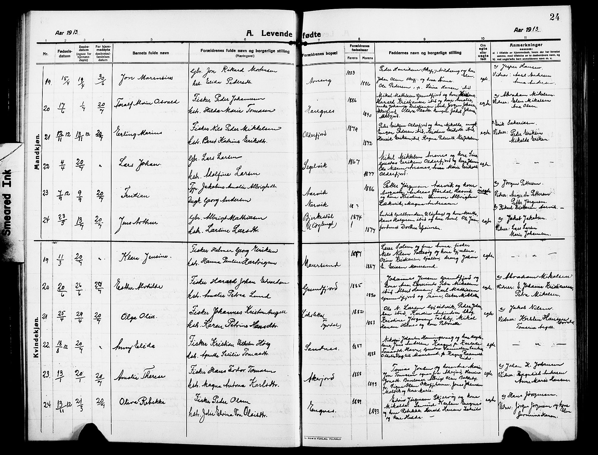 Skjervøy sokneprestkontor, AV/SATØ-S-1300/H/Ha/Hab/L0009klokker: Parish register (copy) no. 9, 1911-1926, p. 24