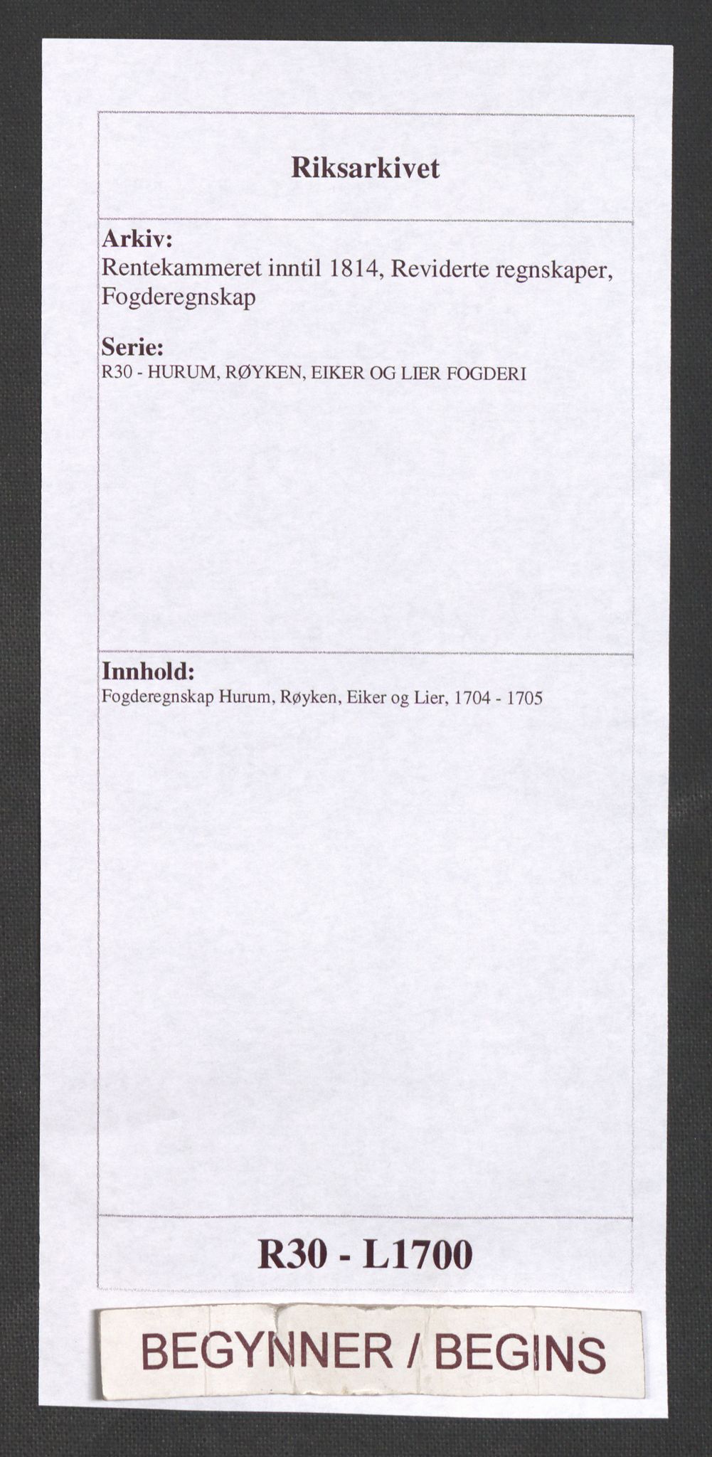 Rentekammeret inntil 1814, Reviderte regnskaper, Fogderegnskap, RA/EA-4092/R30/L1700: Fogderegnskap Hurum, Røyken, Eiker og Lier, 1704-1705, p. 1