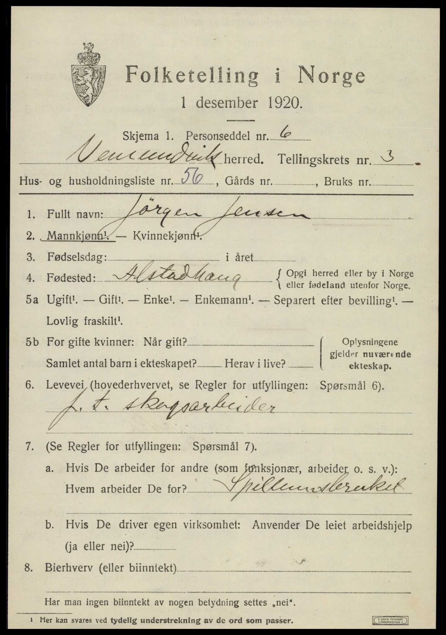 SAT, 1920 census for Vemundvik, 1920, p. 4209