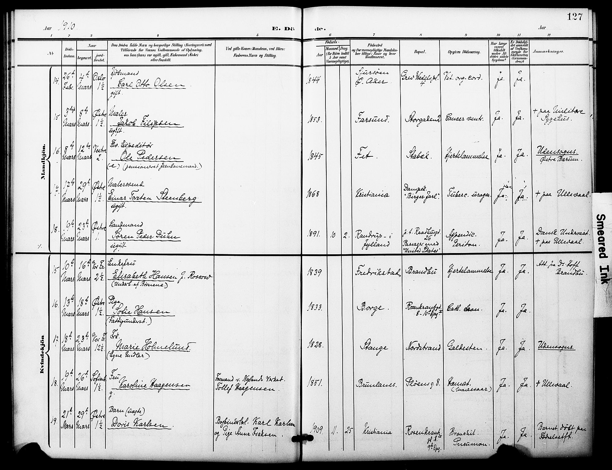 Oslo domkirke Kirkebøker, AV/SAO-A-10752/F/Fa/L0036: Parish register (official) no. 36, 1901-1919, p. 127