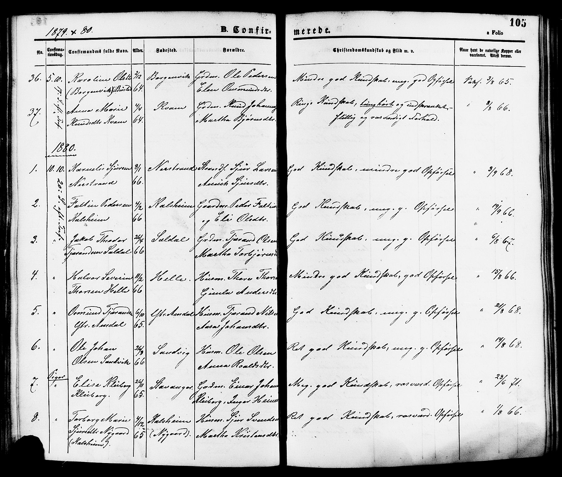 Nedstrand sokneprestkontor, SAST/A-101841/01/IV: Parish register (official) no. A 11, 1877-1887, p. 105