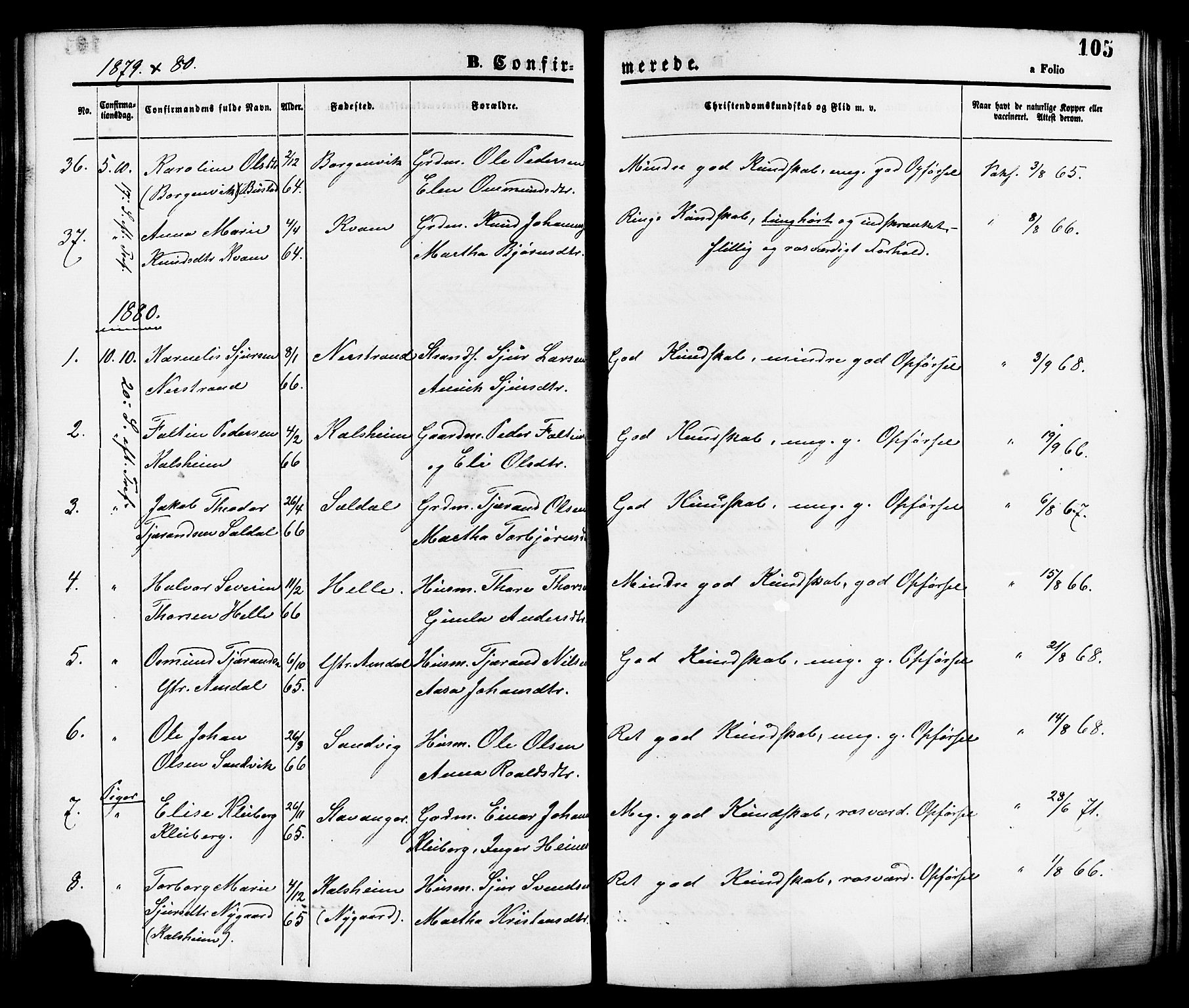 Nedstrand sokneprestkontor, AV/SAST-A-101841/01/IV: Parish register (official) no. A 11, 1877-1887, p. 105