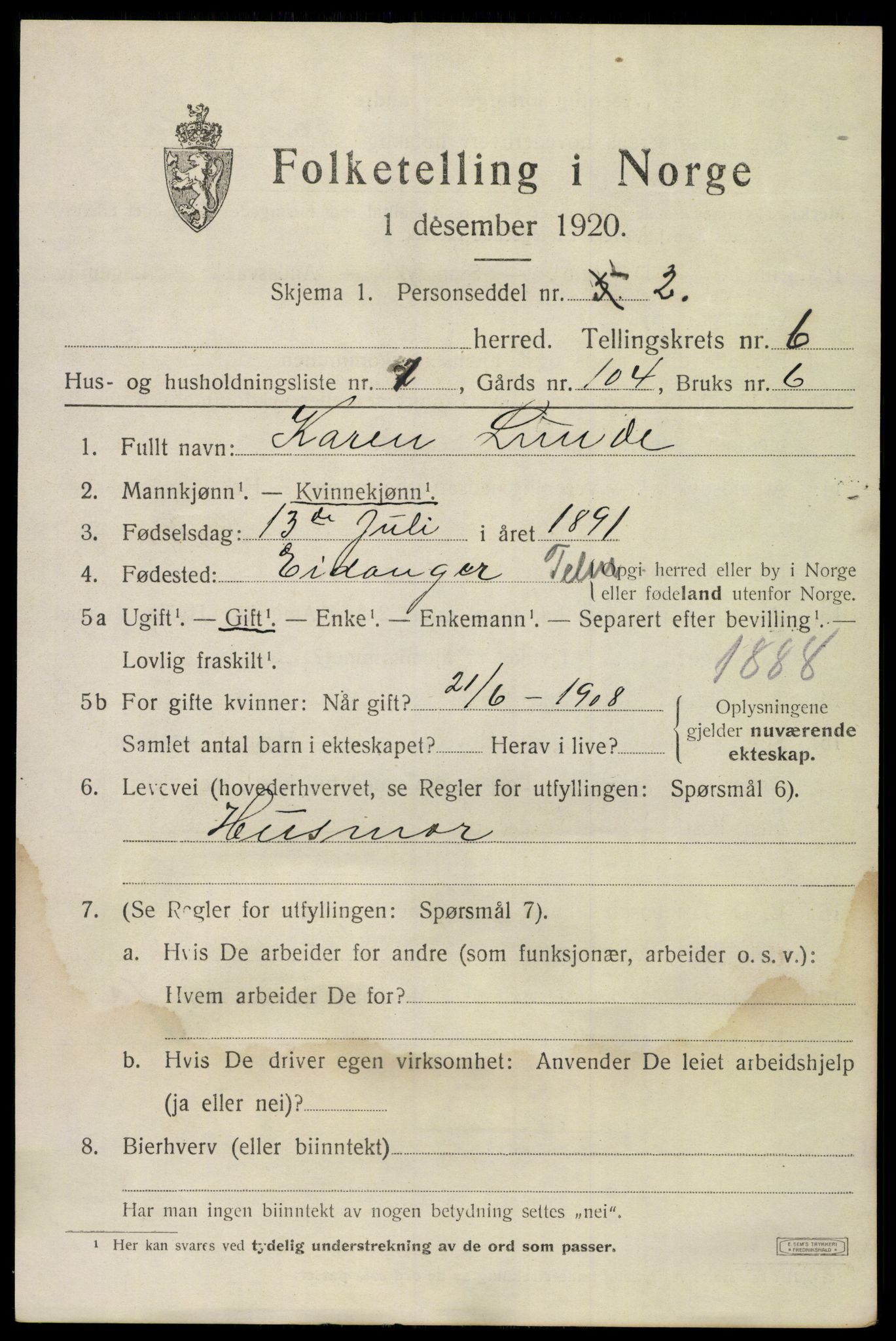 SAKO, 1920 census for Botne, 1920, p. 5077