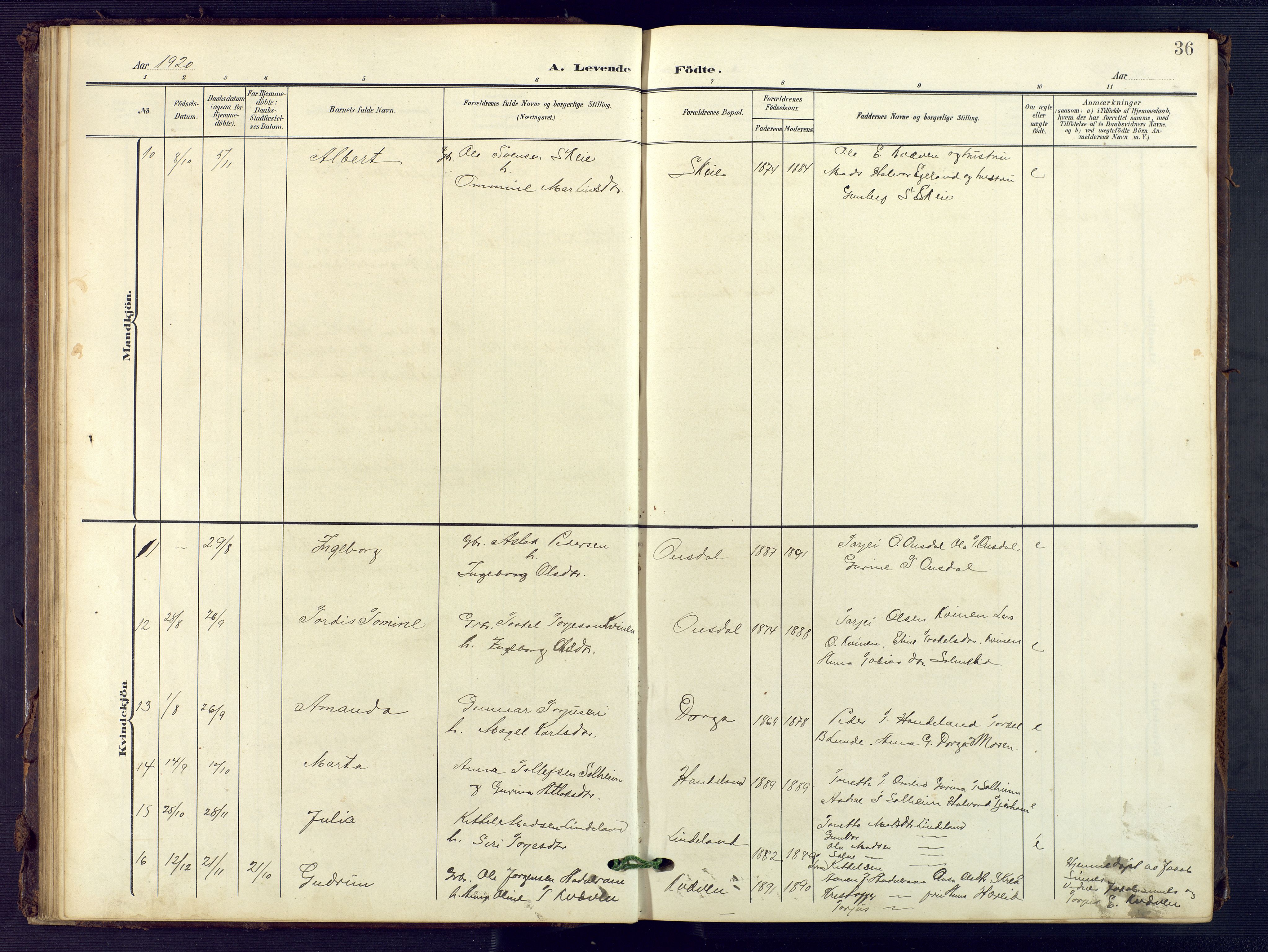 Sirdal sokneprestkontor, SAK/1111-0036/F/Fb/Fba/L0002: Parish register (copy) no. B 2, 1905-1958, p. 36
