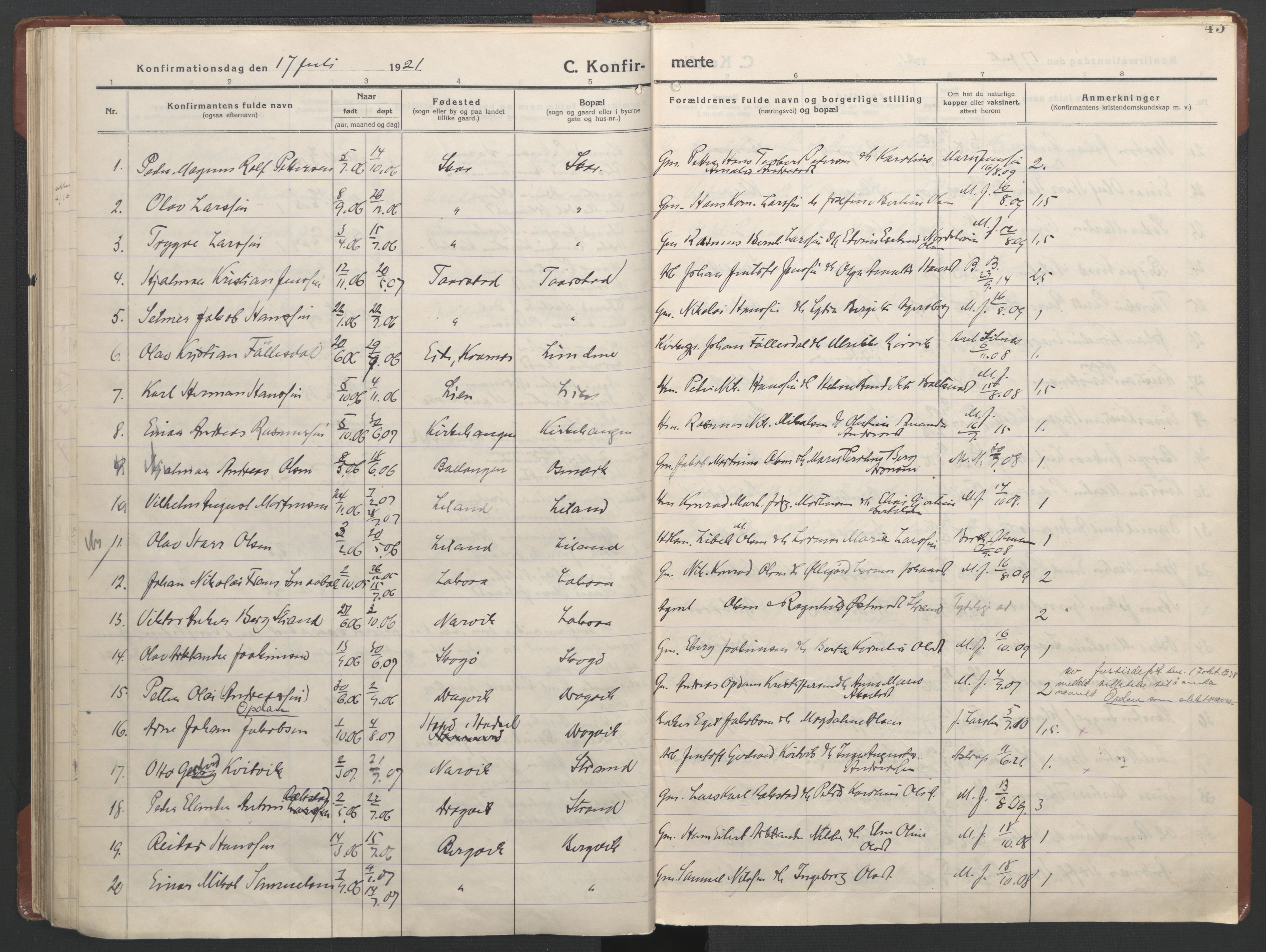 Ministerialprotokoller, klokkerbøker og fødselsregistre - Nordland, AV/SAT-A-1459/863/L0918: Parish register (copy) no. 863C08, 1906-1921, p. 45