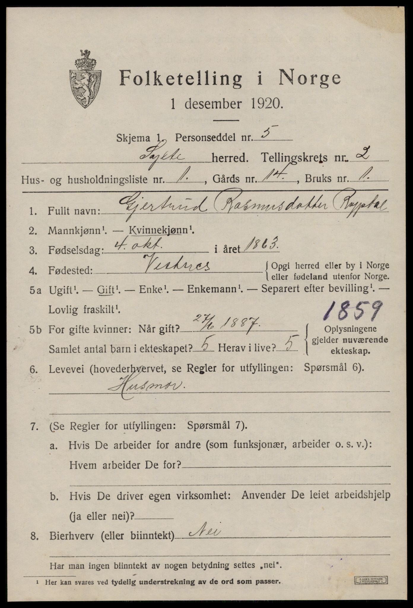 SAT, 1920 census for Sylte, 1920, p. 1189