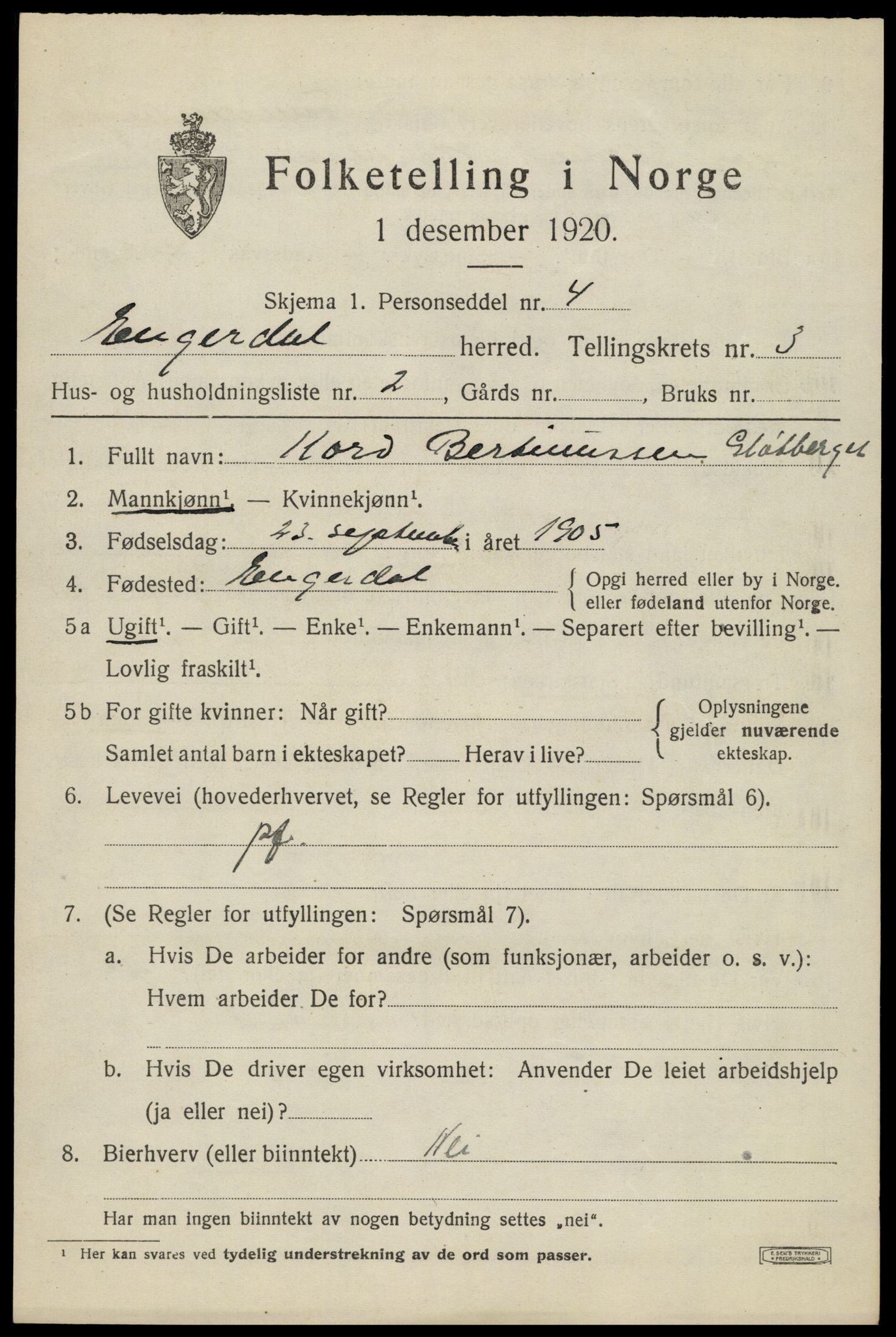 SAH, 1920 census for Engerdal, 1920, p. 1535
