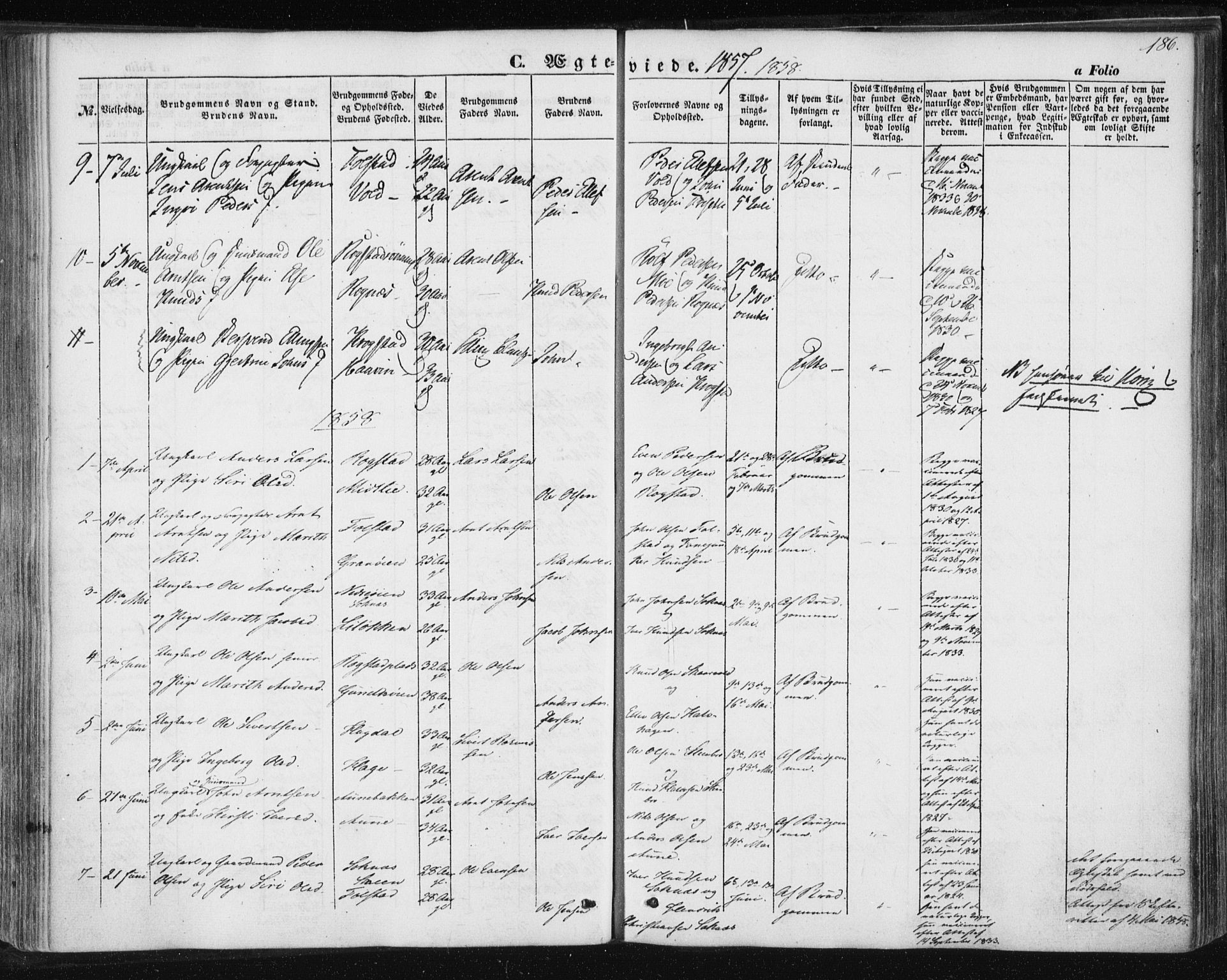 Ministerialprotokoller, klokkerbøker og fødselsregistre - Sør-Trøndelag, SAT/A-1456/687/L1000: Parish register (official) no. 687A06, 1848-1869, p. 186