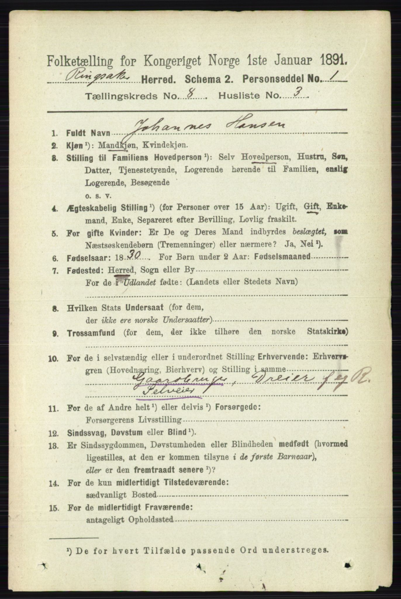 RA, 1891 census for 0412 Ringsaker, 1891, p. 4464