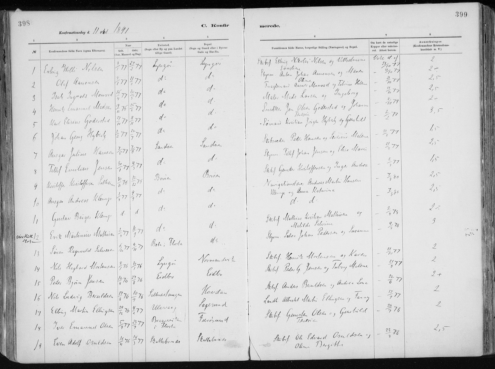 Dypvåg sokneprestkontor, AV/SAK-1111-0007/F/Fa/Faa/L0008: Parish register (official) no. A 8, 1885-1906, p. 398-399